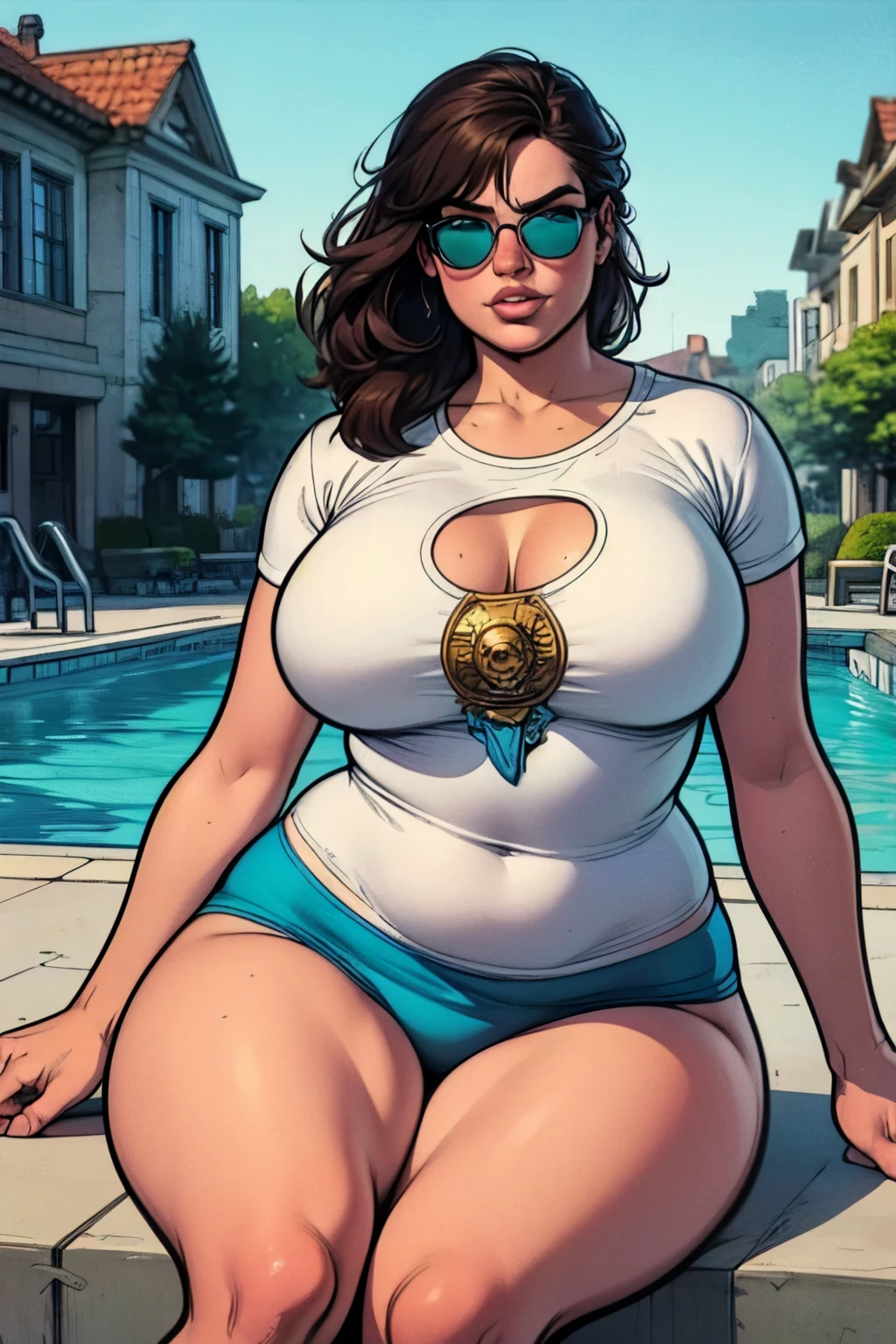 ((multiple thick body mature women age 40 American milf super model))wearing topless and thong panties, outdoor kitchen patio, smiling greeting viewer, ((wearing topless show pasties sfw)), viewer on the floor, lab coat, necklace, earrings, hair in big bun