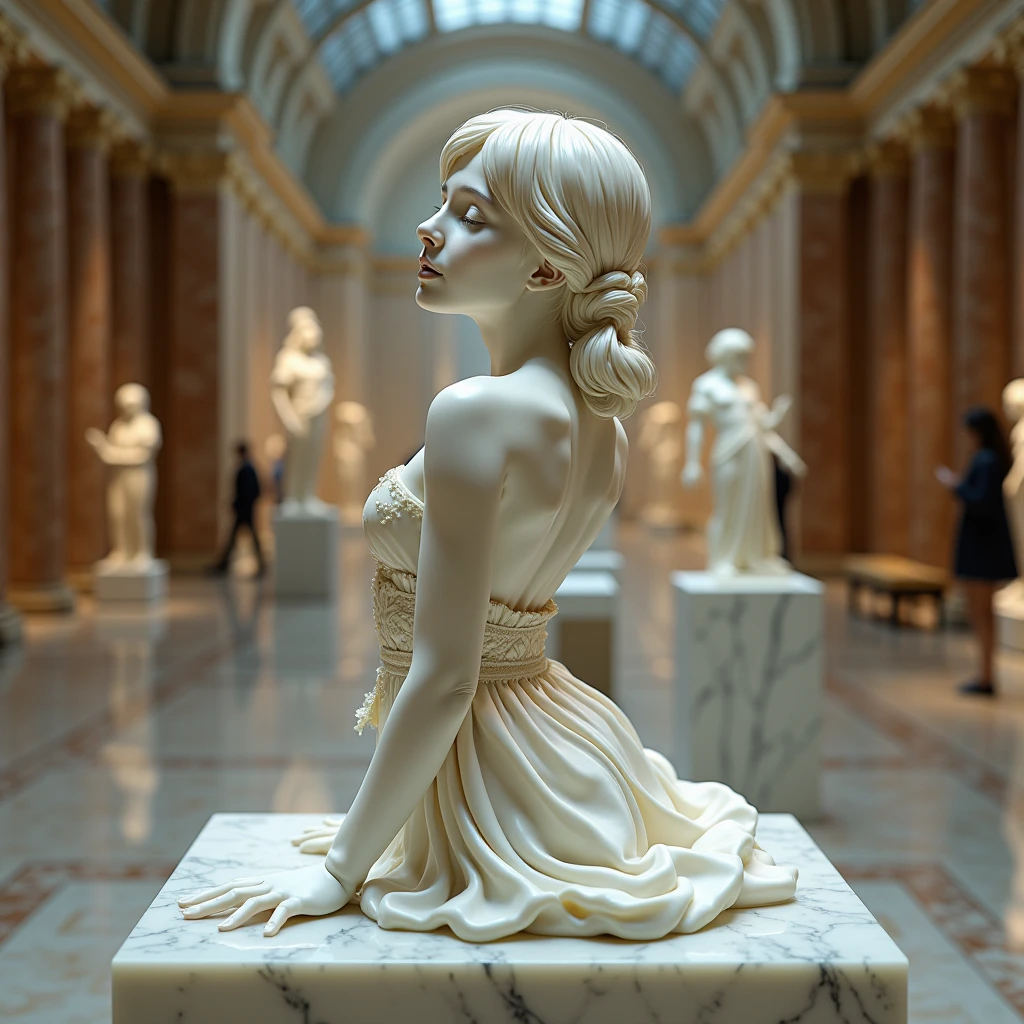 Epic ultra realistic intricate details a white sculpture of a woman wearing a draped dress walking down a city street with a dog on a leash, dog struggles to chase a squirrel, a row of white classical sculptures laughing and farm animals watch her, surrealism, sunlight rays, 3D, hyper photorealistic.