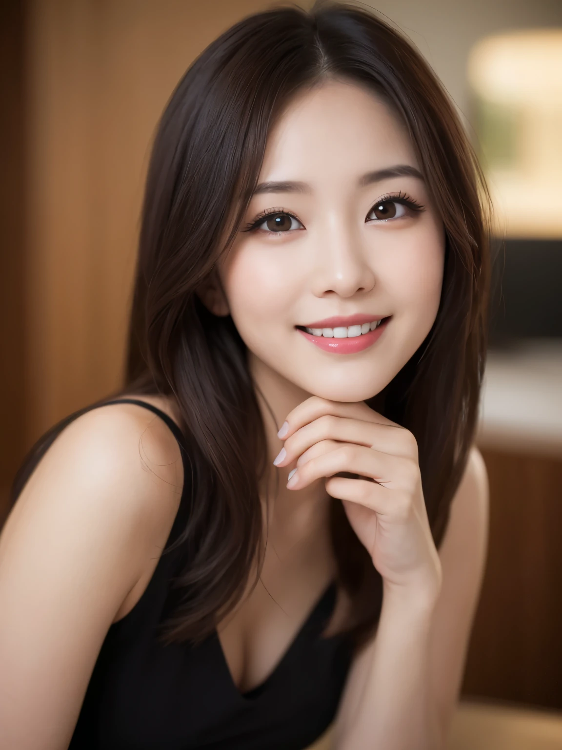 highest quality, table top, ultra high resolution, (Photoreal: 1.4), Front view, Half body, famous japanese actress, revealing clothing, very beautiful woman, cute, nice smile, Cinematic 35mm lens, f/1 .8, accent lighting, 8K, room, Beautiful double eyes with equal left and right eyes, put your hands down, Hotel