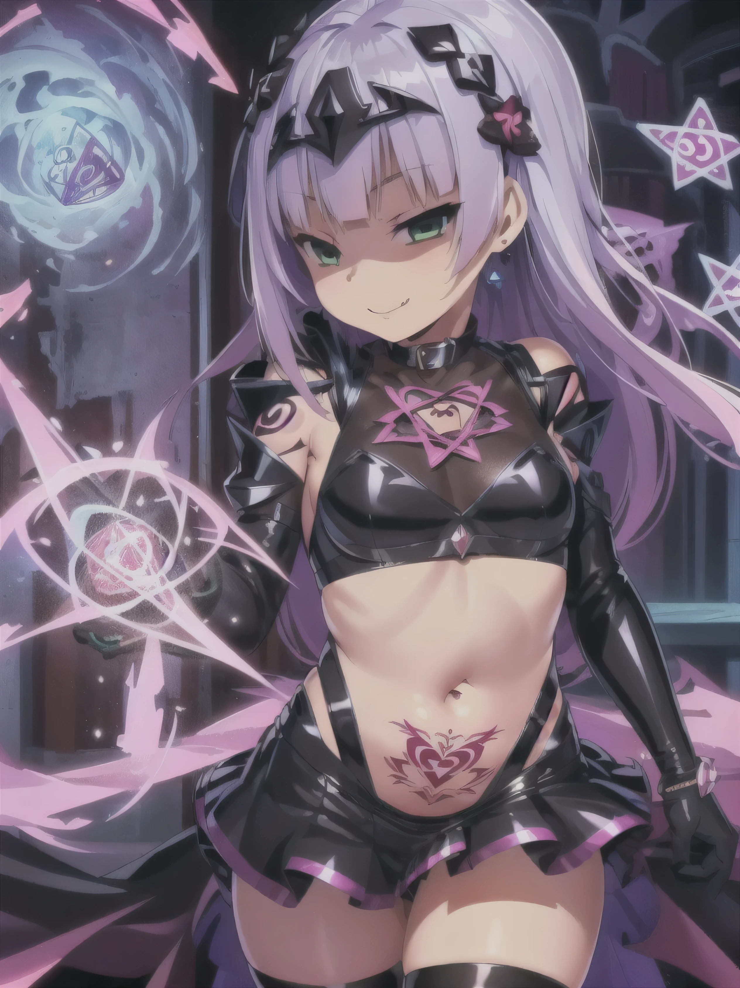 1 girl, whole body, He has a large metal helmet on his head that covers his hair and eyes., tube, wire, She gets electrocuted, brainwashing、（Very large breasts：1.8)、A dirty mark on the stomach、Magical tattoo on stomach、Tattoo on belly、Magical tattoo on stomach、A dirty mark on the stomachの入れ墨