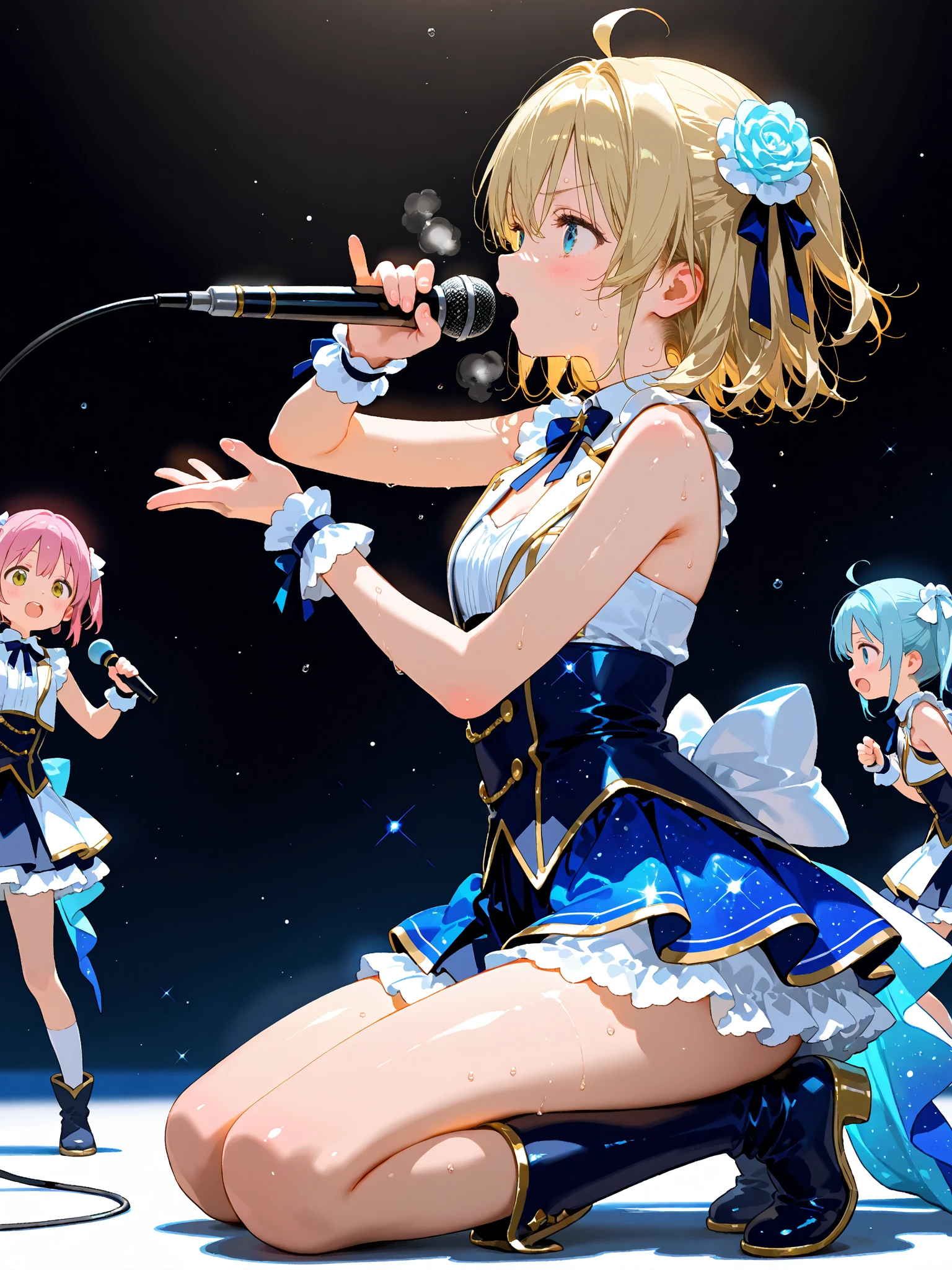 Masterpiece, ((((Detailed eyes and detailed face: 1.2), Dynamic Angle, ((((Detailed eyes and detailed face: 1.2)))))), (Perfect human hand, super detailed human five fingers)))), ((Perfect human foot)), Upper body, 1 or 2 girls, Smile, Wolf ears, Wolf tail, Pink eyes, hair between eyes, (Wink))), D cup, cleavage, striped hair, ( (Variegated hair color: 1))))), ((((Random hair color: 1)))), Variegated hairstyle: 1, twin tails, ultra-detailed gradient hair, ((T-shirt with kagenari letters)))), professional designer, fashion leader, ruffled dress, love live, jewelry, backstage, best stage, climax, professional stage, ( Holding the microphone with your left hand and singing emotionally, overflowing emotions, the best smile))), singer, vocalist: 1, idol, diva, professional stage, professional lighting, live lighting, averting gaze, fan service: 1, ((((satellite photo seen from the audience)))), ((((Panchira, cute panties))))