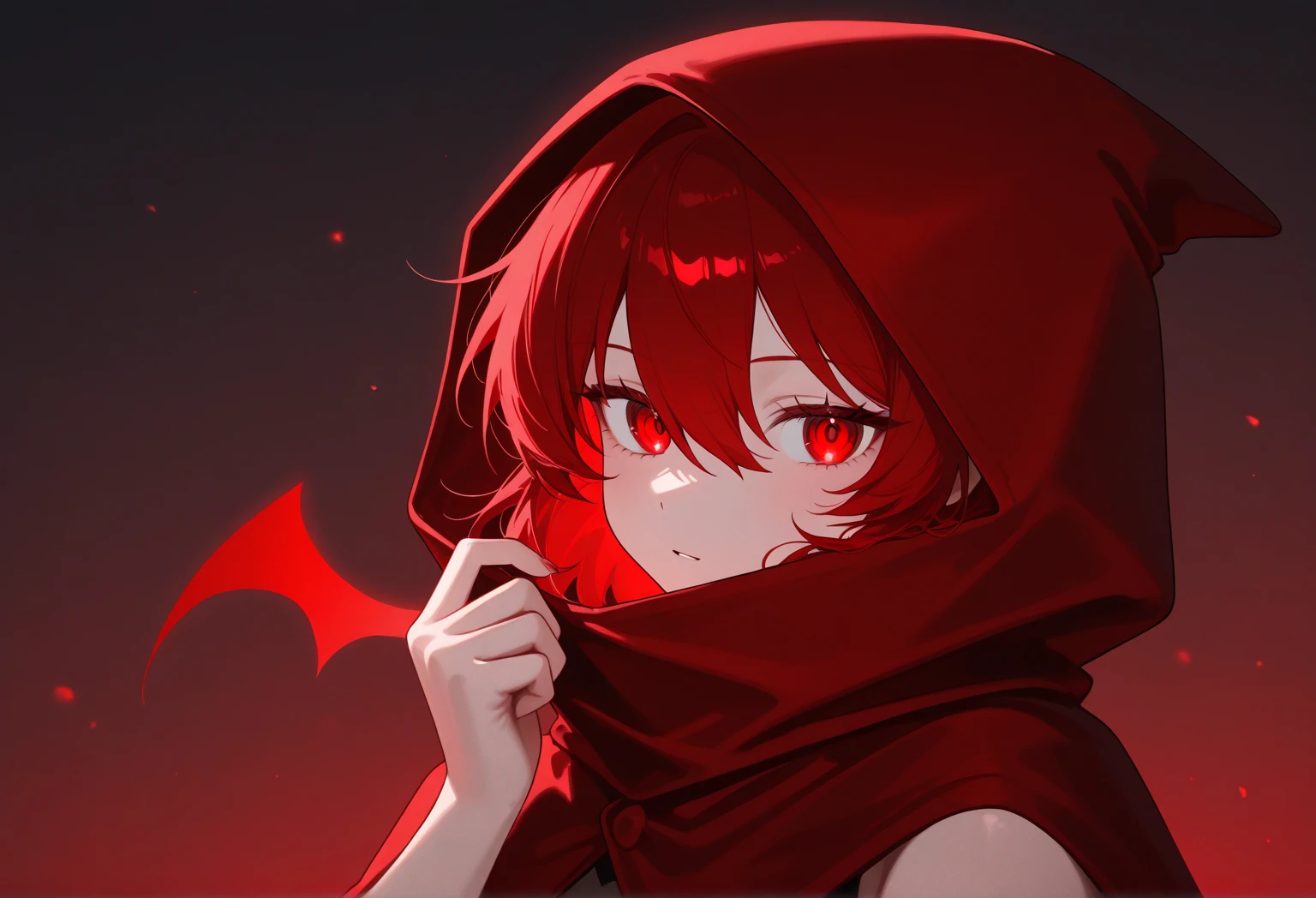 ((hair over eyes)), ((smug expression)), ((light skin)), ((beautiful face)), ((little red riding hood)), ((black suit)), curvy body, ((mature female)), 1girl, beautifully drawn, high resolution illustration, High definition, ((detailed anime sketch)), (solo), absurdres, portrait, ((upper body)), ((red hair)), ((long hair)), detailed background, fine detail, female focus, HDR, ((complimentary colors)), ((close-up)), anime, anime, best quality, Masterpiece, ((red cloak)),