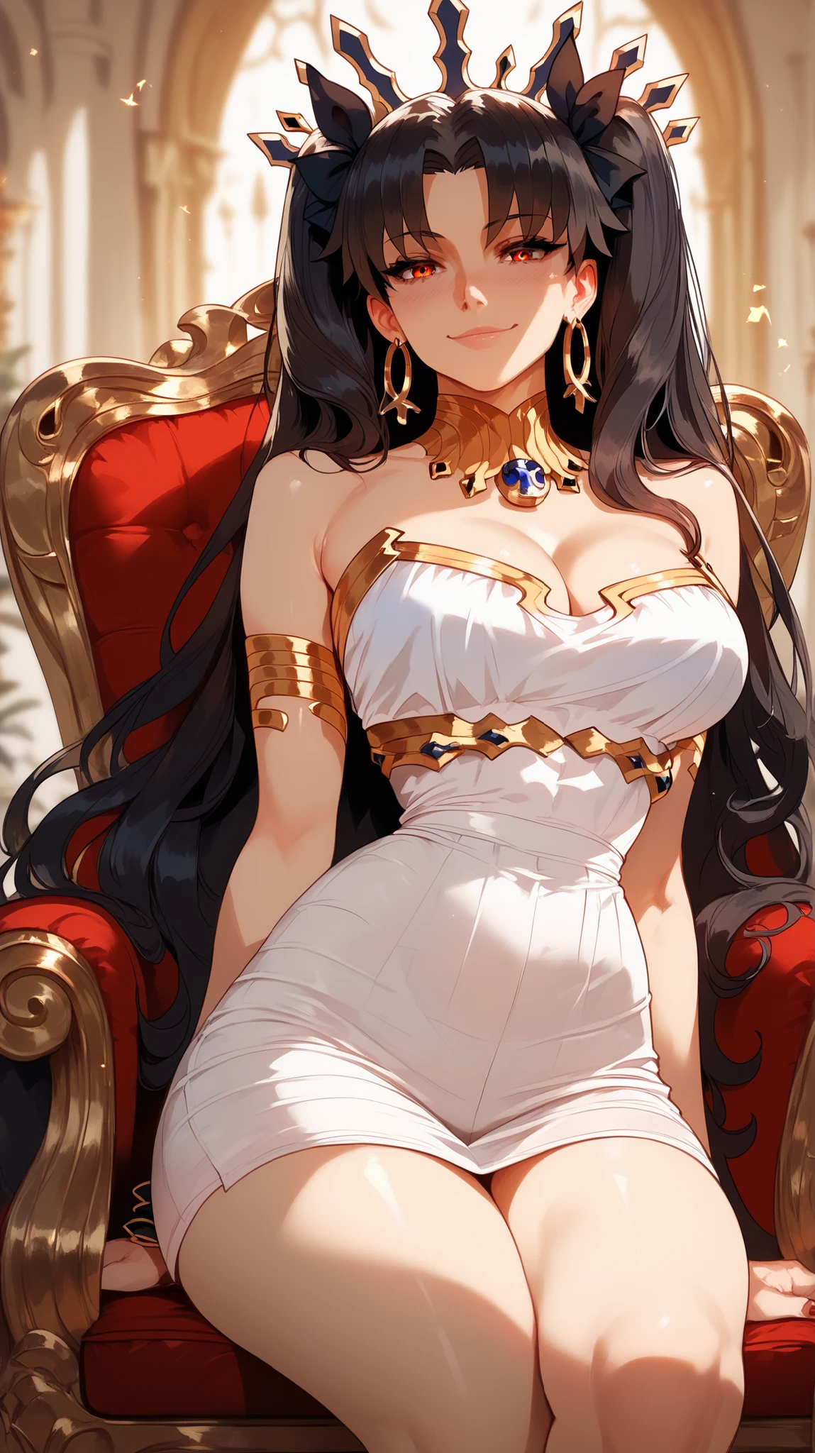 Greek goddess Aphrodite, serious and sexy face, has a face of supernatural beauty and long curly black hair decorated with flowers, as well as purple eyes. (perfect anatomy) , (perfect eyes) Her figure is extremely voluptuous, Gigantic breasts, Heavy breasts, Hip fitness, Cracked abdominal muscle, White silk dress, big abs muscle, she sits on her great throne of Greek marble, work of art.