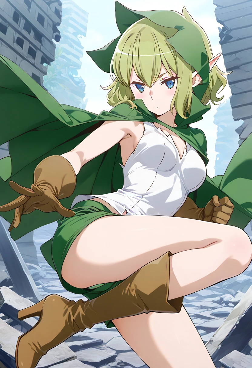(masterpiece, best quality:1.2), cowboy shot, solo, 1girl, alleyne, elf, expressionless, looking at viewer, side braid, beret, cape, skirt, thighhighs, green footwear, thigh boots, elbow gloves, midriff, cleavage,perfect lighting,Colorful,shiny skin, (masterpiece:1.0),(best_quality:1.0), ultra high res,4K,ultra-detailed, photography, 8K, HDR, highres, absurdres:1.2, Kodak portra 400, film grain, blurry background, bokeh:1.2, lens flare, (vibrant_color:1.2), (beautiful_face:1.5),NSFW, , ultra-detailed), (best illustration), (best shadow), (absurdres),NSFW,lying down, spread legs, legs up, upskirt, white panties