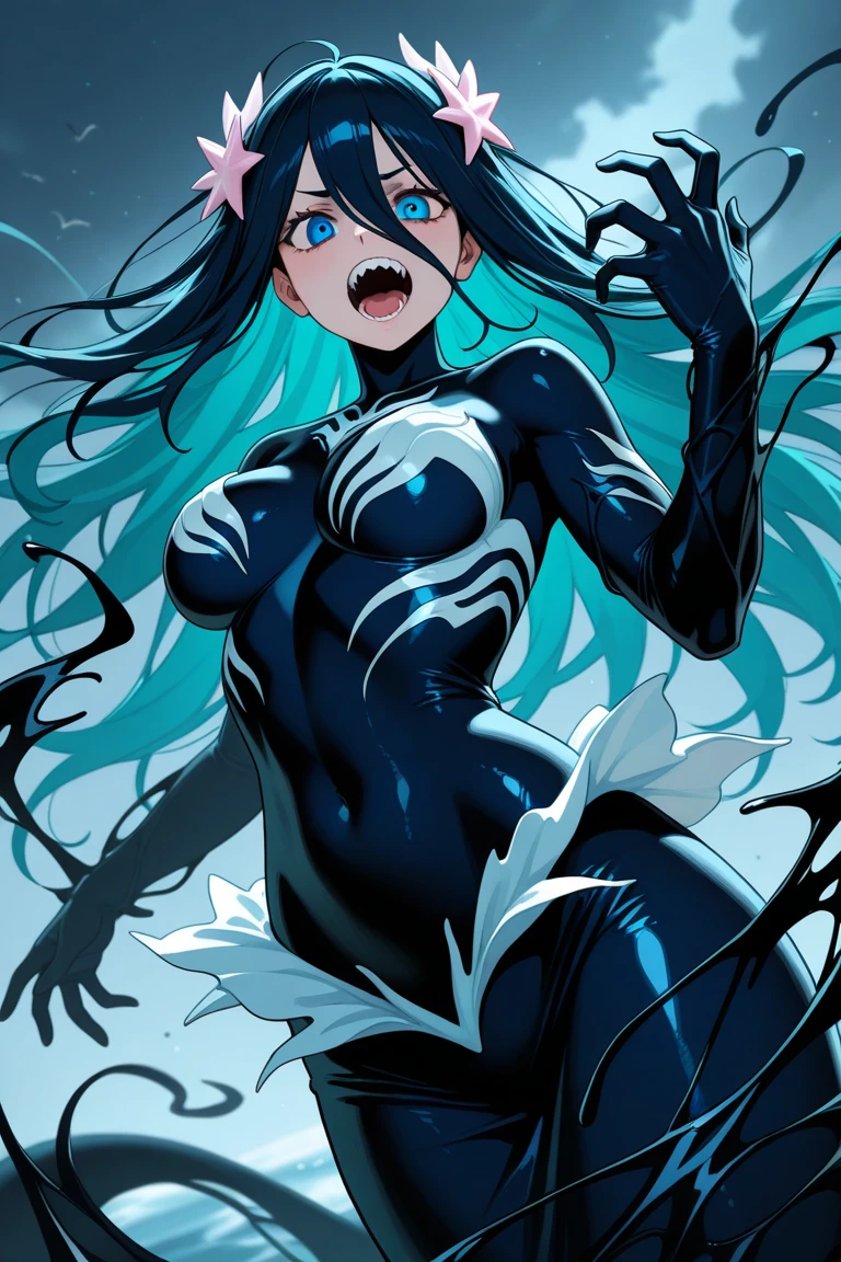 Slime goo female symbiote Orca, ((happy and contented)), (((human and orca love story))), Orca slime room, ((multiple symbiote Orcas coexisting)), Orca symbiote taking over a human, ((happy and satisfied human)), ((happy and loving Orca)), Orca black slime pool, Orca black slime water, ((black water serene and still)), ((black pool mysterious and alluring)), Black room, Orca slime room, ((living symbiote Orca suit)), ((human being enveloped by an Orca)), ((human bounded to an Orca by the slime)), ((intricate and detailed Orca symbiote