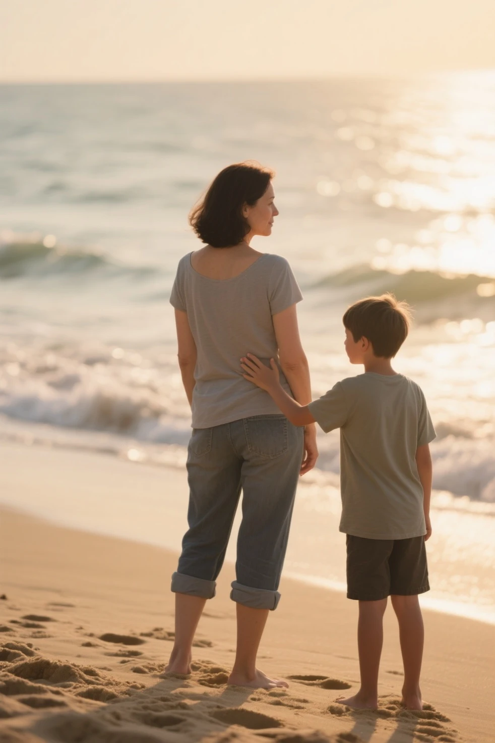 A woman is holding the hands of two boys while walking on the beach