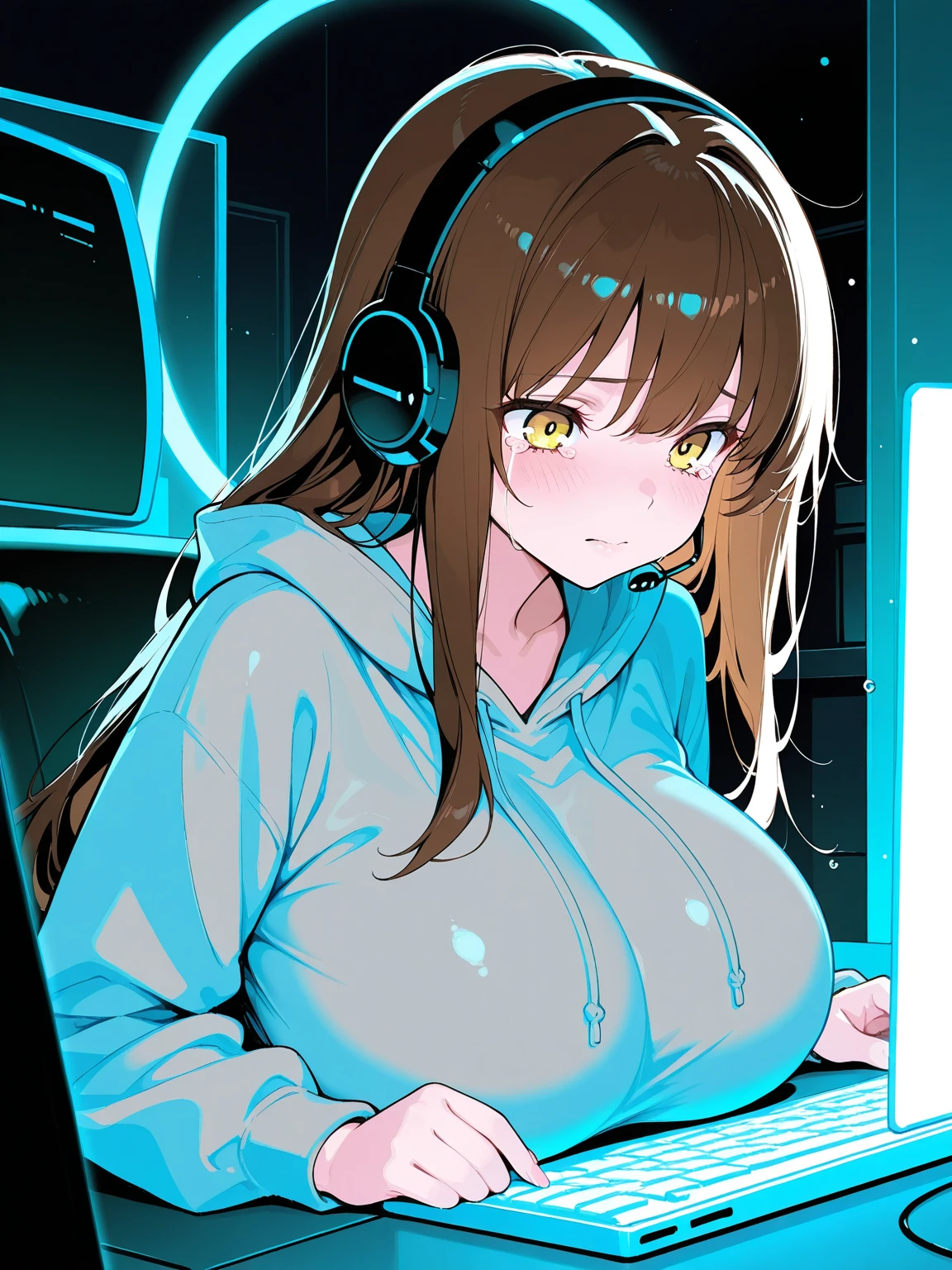 Anime girl sitting at computer desk with headphones on, anime moe art style, Best Anime 4K Konachan Wallpapers, an oppai cyberpunk, Anime Style 4K, cyber school girl, splash art anime , digital anime illustration, digital anime art, Anime! 4K, Anime! 4 k, Detailed Digital Anime Art, Smooth Anime CG Art