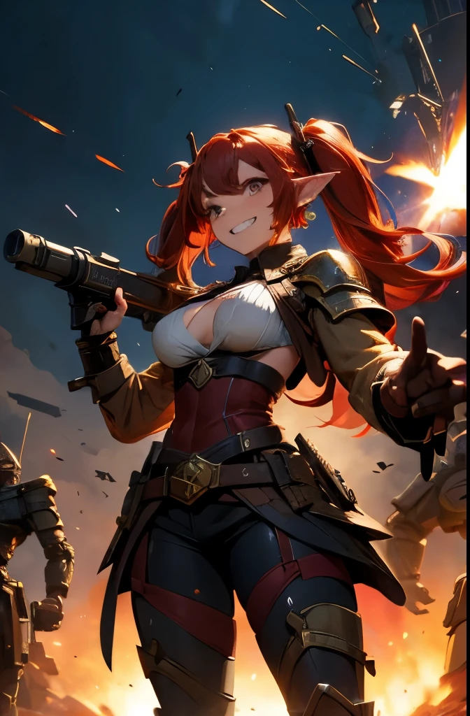 red haired elf, big boobs, artificer, holding a canon, explosions, little robot lizzard, toothy grin, robots, pigtails, energetic, western fantasy, dark clothes