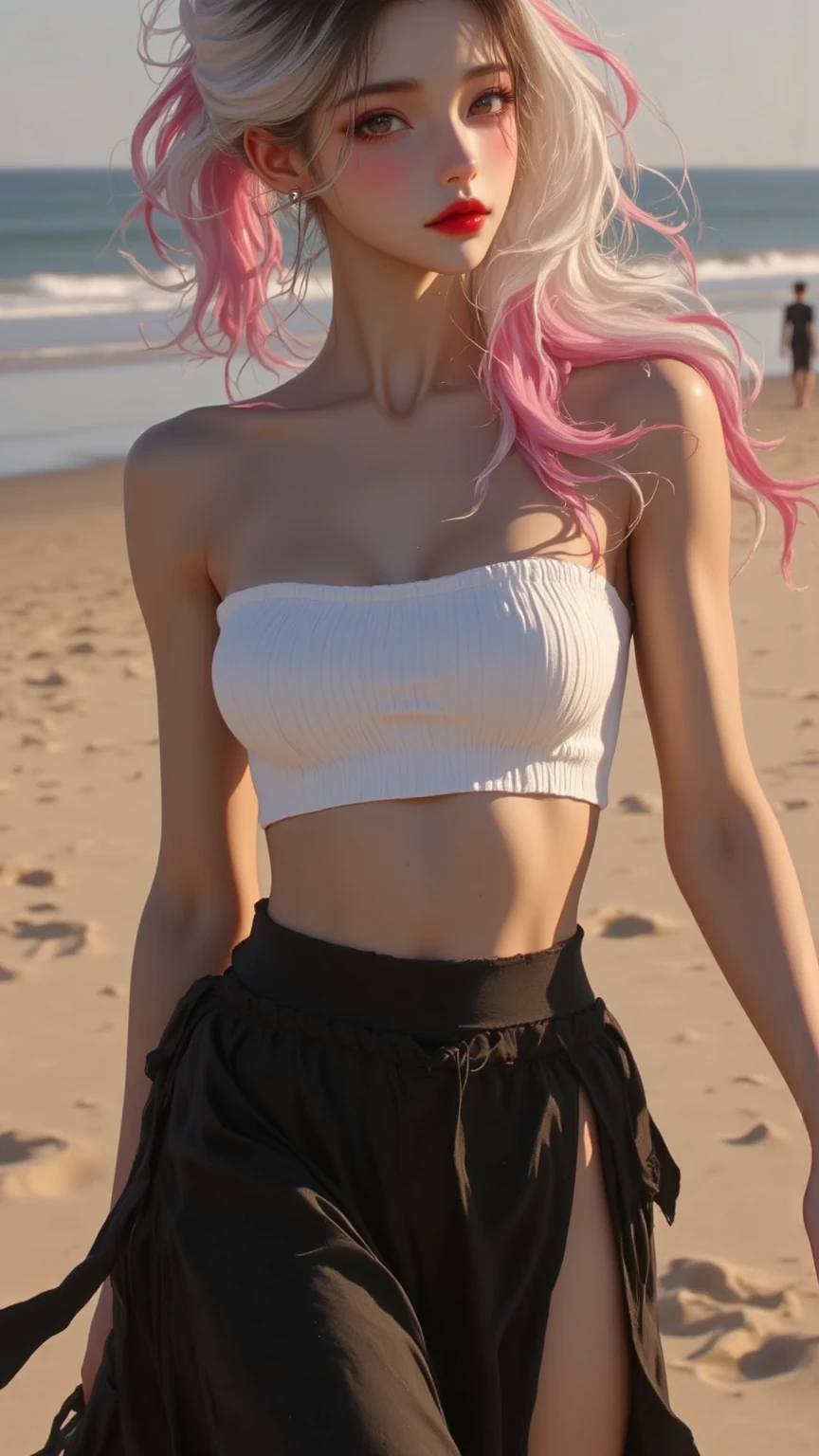 Very thin Russian pink haired girl stands on the beach, wears a white skirt, wearing a white top, fragile body, zarte haut, junges gesicht, top quality