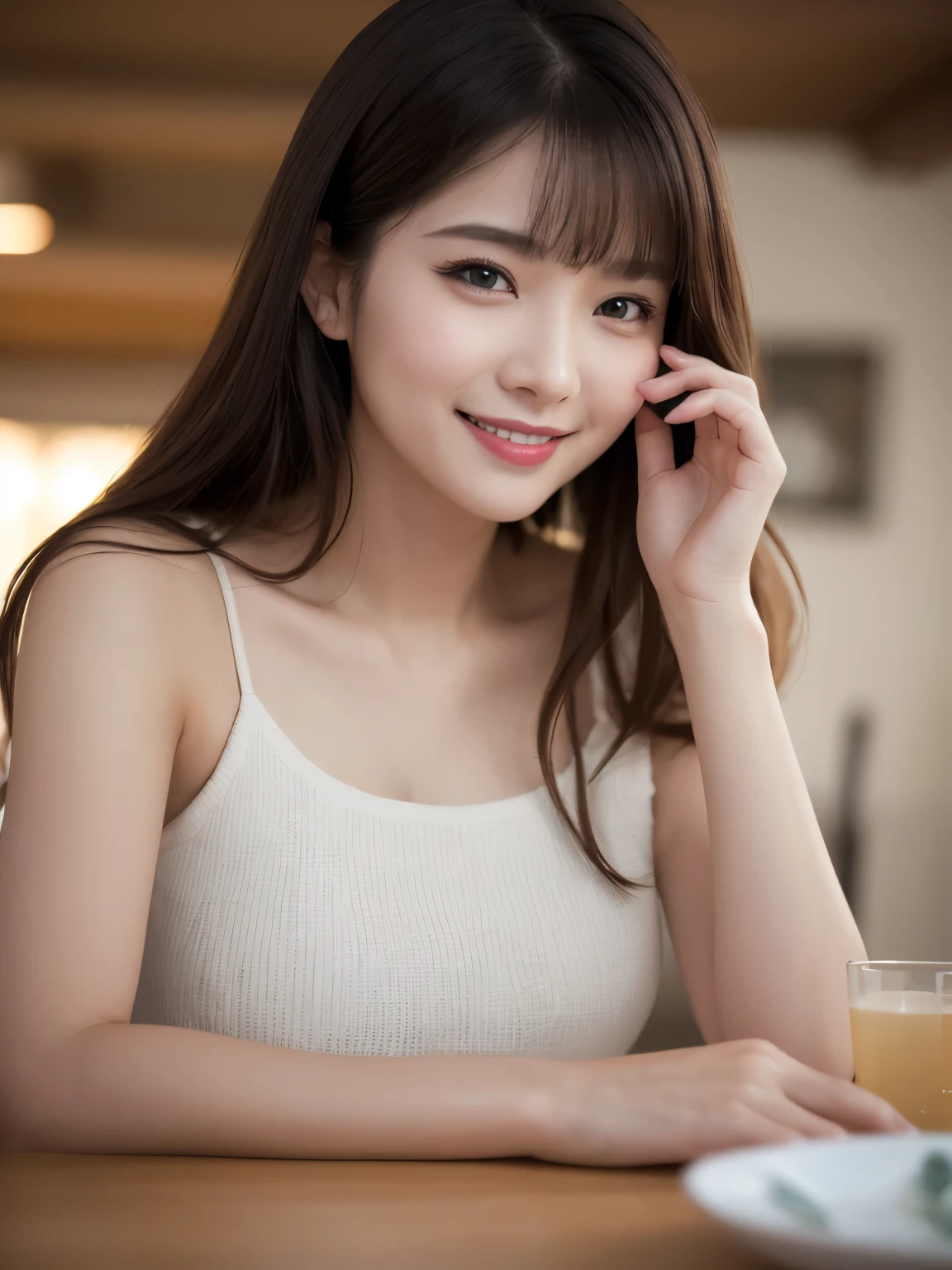 UHD, Extreme close-up of cute Korean female,Chest size 32 inches, wavy hair, slightly smile, wearing purple striped tank top, sitting in coffee shop , bokeh background