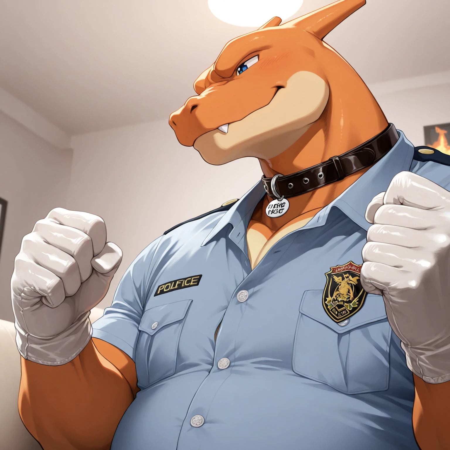 Author: bontiage, (1 boy), One, tiger, (big Erect penis:1.3), cum, police shirt, Men's Second, kemono, hot body, muscle, Beautiful, sexual, Attractive guy, (Detailed black eyes), brows, (masterpiece, A high resolution, Best quality), 4K, a male, Beautiful shadow, evil grin, (front side:1.5), standing