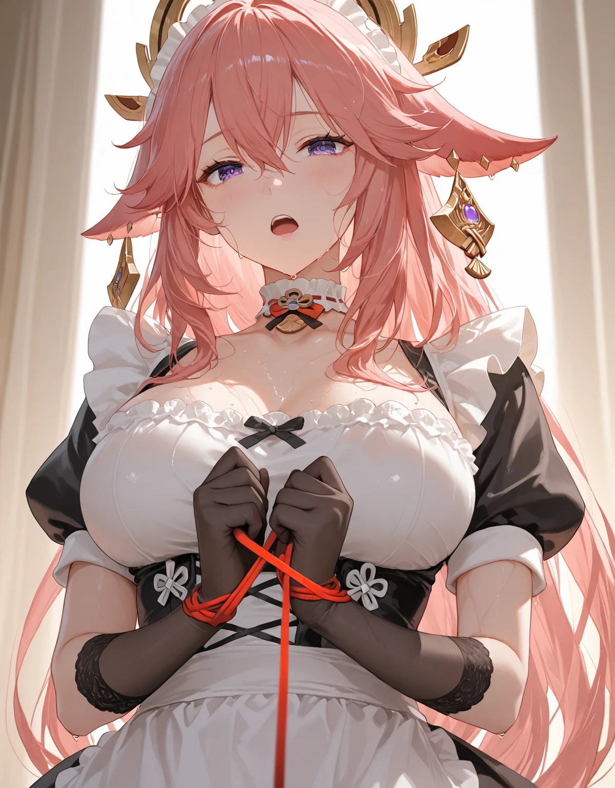 Anime style, a captivating close-up portrait of a girl with long, flowing pink rabbit ears and a fluffy rabbit tail, her ears adorned with intricate designs and her tail wrapped gracefully around her, exuding a happy and polished yet powerful look, reminiscent of Mara or Geisha characters, hyper-detailed features, expressive eyes, delicate textures, masterful shading, professional fur rendering, ethereal atmosphere, brilliant color palette, truly a stunning anime image.