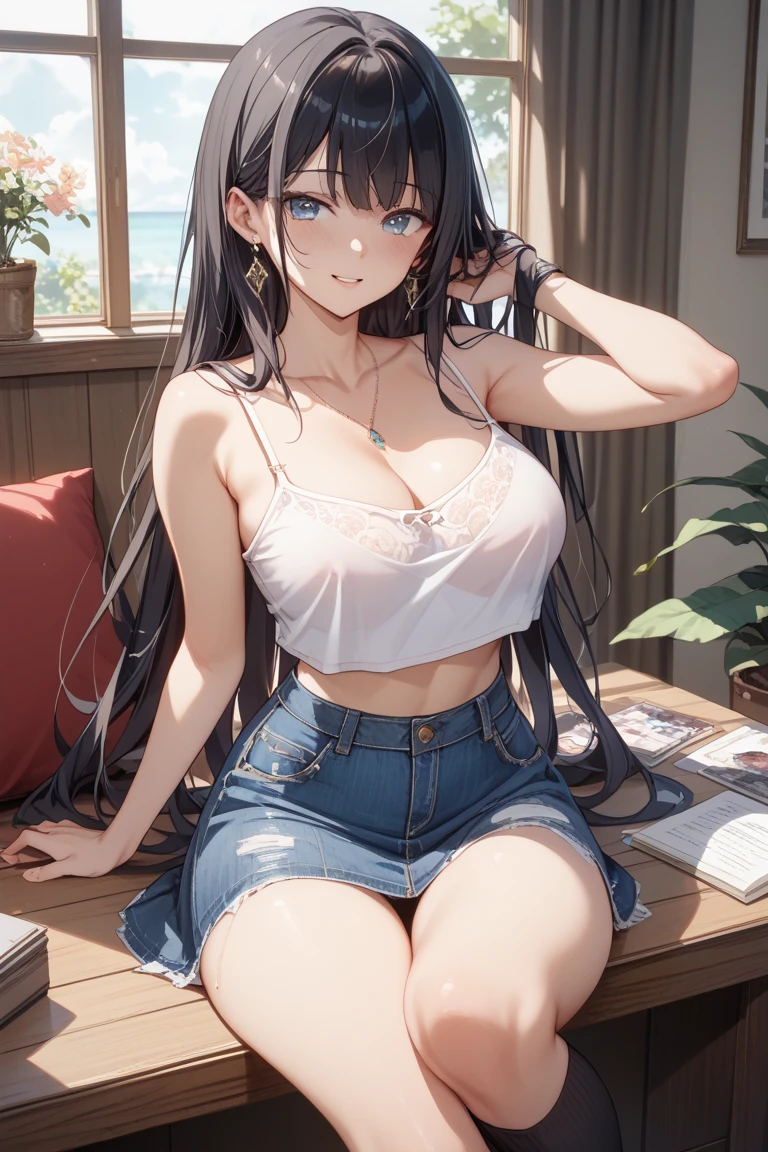 (masterpiece, highest quality:1.2), 1 girl, alone,Are standing_Split,
long hair, white sleeveless tank top,Blue Denim Shorts、camel toe、huge tit、nipple puff、cleavage、raise one leg