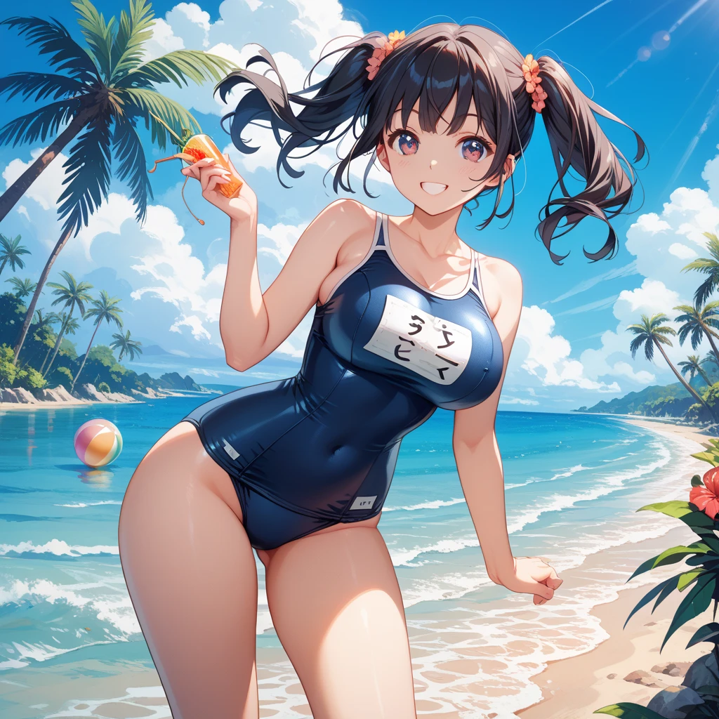 Reddish brown hair Short Bob Brown eyes beautiful girl Yellow swimsuit blue sea White sand beach Light of the sun smile