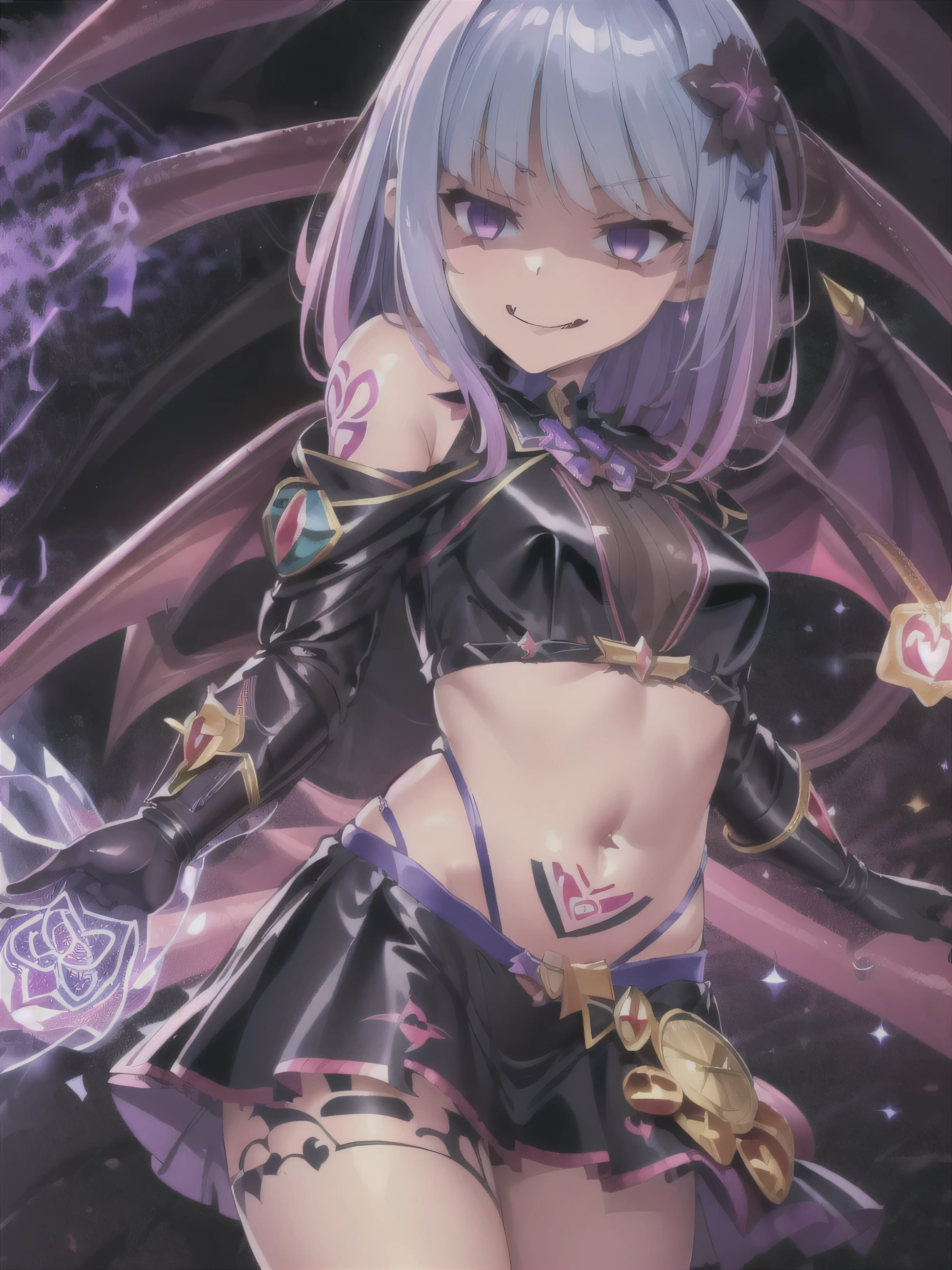 masterpiece, best quality, highly detailed, 1girl, solo, corruption, evil smile, pubic tattoo, magical girl uniform, holding staff, pink hair, black clothes, destoryed city background,
