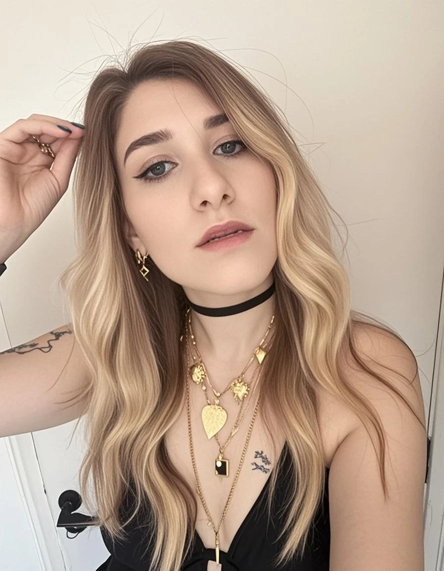 a photo of fetchingbutterfly wearing a black bra, focus on shoulders, close up, collar, choker,stunningly beautiful woman, seductive. <lora:fetchingButterfly_v1:0.91>