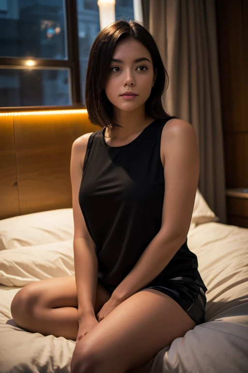 Full body of 25 year old woman, brown hair, Wearing leggings, Tight dark blue t-shirt, Perfect eyebrows, perfect lips, perfect nose, professional color grading, amazing woman, cute japanese woman, sharp focus, short curly hair, Mirror photo, Sharp features of natural skins,model,full body image,looking at camera, Sharp features of natural skin