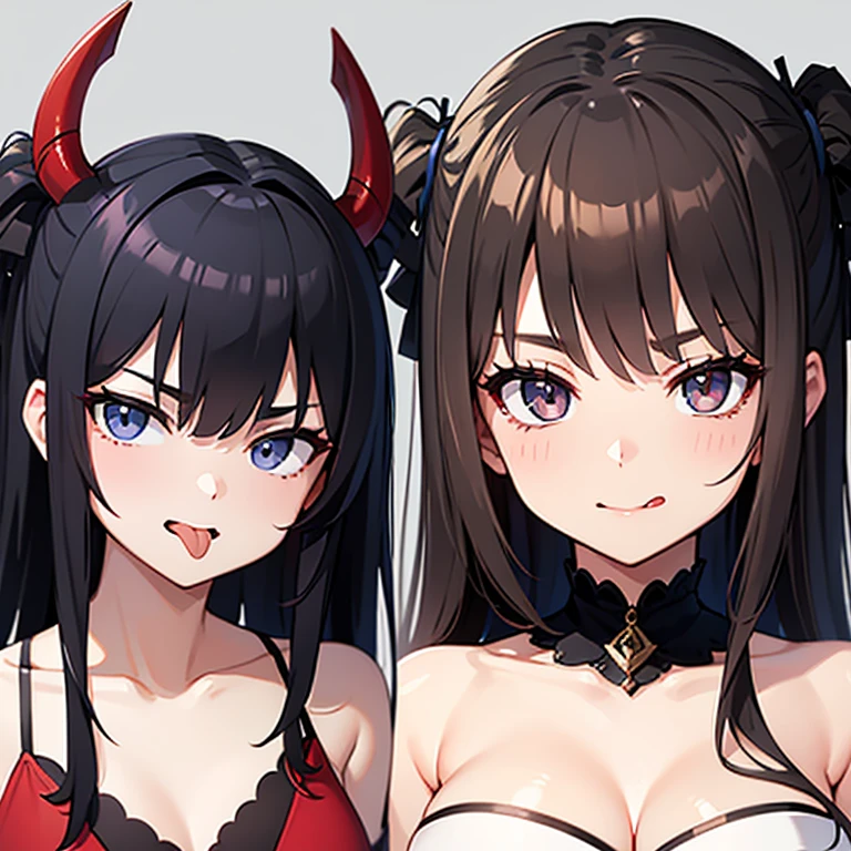 (cute eyes:1.2), (sparkling eyes:1.2), (8K、Best image quality、highest quality、masterpiece)、Detailed face、(2 girls)、Improve、(Black Hair, Purple Eyes, long hair)、(open mouth), (embarrassed), (skinny body:1.1),(medium breasts), (cow print, micro bikini:1.2), (standing), (leaning forward), (hands on knees:1.4), (cleavage), Classroom Background,(from above:1.2)