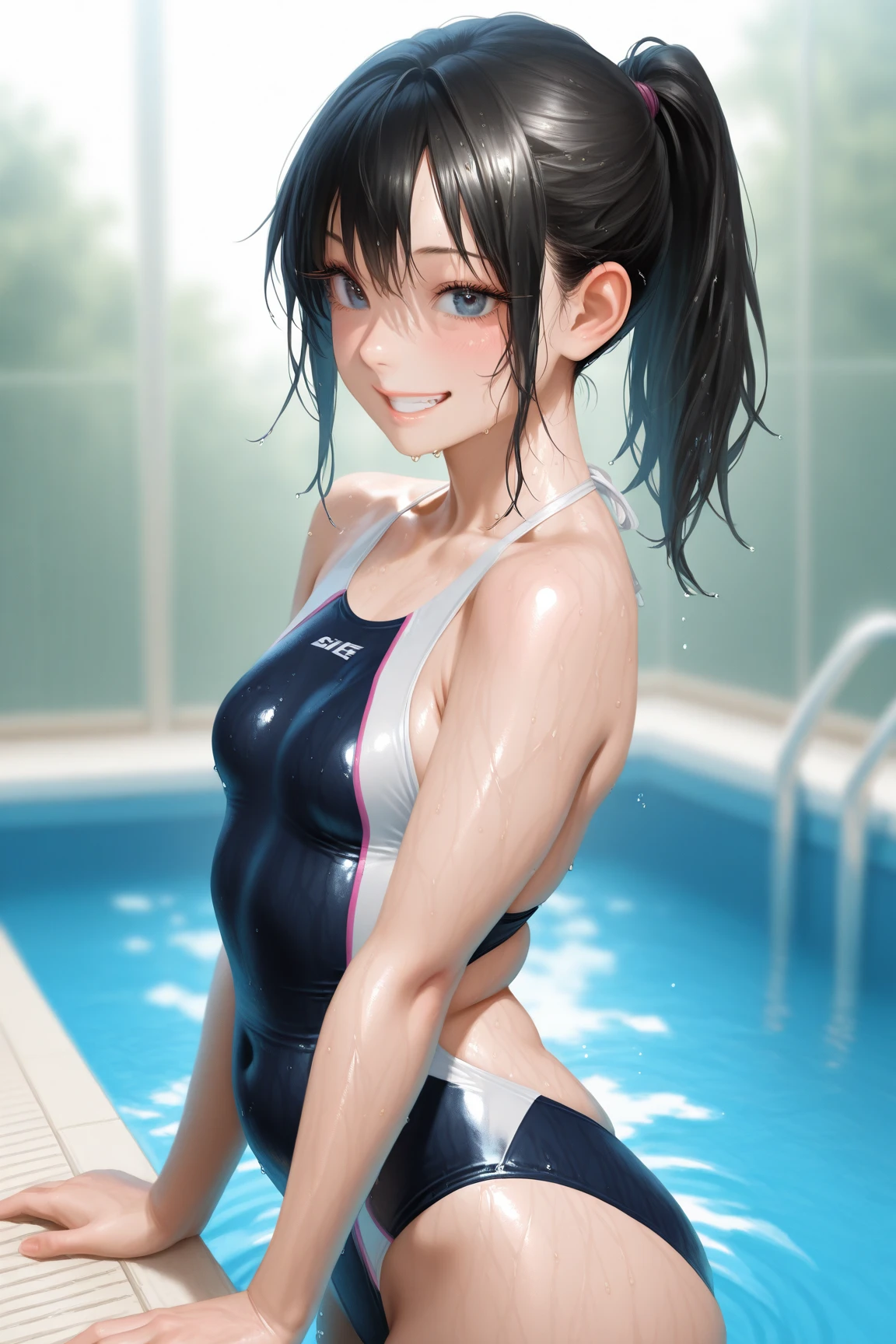  (masterpiece:1.3), (ultra detailed:1.2), beautiful detailed eyes, ultra-detailed,  
ceiling, sit astride, girl on top,
very long twin tails, brown hair, 
school swimsuit, Highly detailed glossy skin, Dark blue one-piece swimsuit, (Swimsuit with wet and shiny details: 1.2),
Wet and shiny thighs, evil grin, Crab crotch, Extensive_feet,