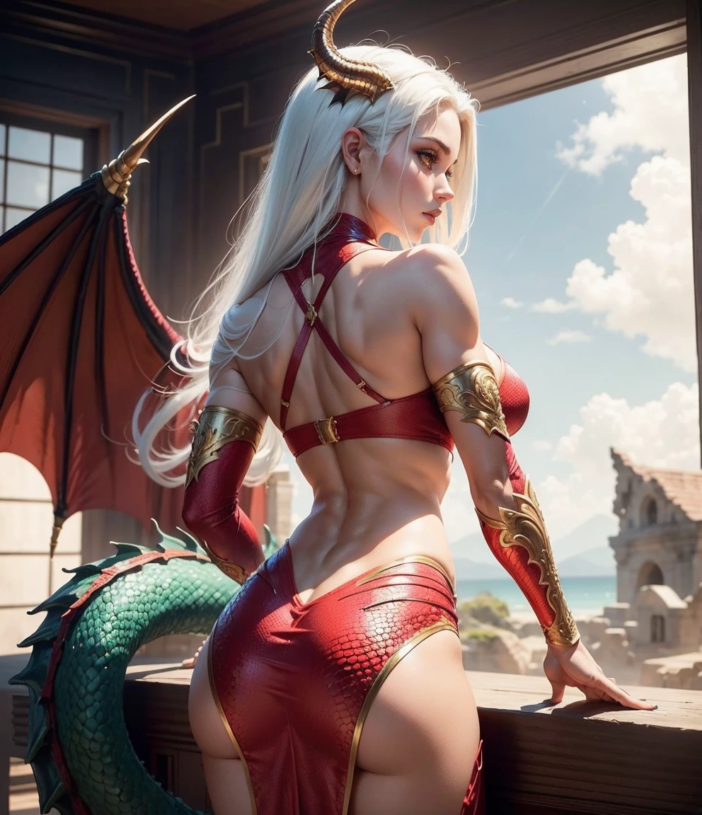 Professional , ​masterpiece、top-quality、photos realistic , depth of fields 、（White bikini armor)、（Mystical expression）、（（Fight dragons））,Jewel Gold Weapon、Particles of light),Gorgeous gold weapons ,（（ Gorgeous Dragon Sword）） , （Hold the Devil's Hand）,,（maikurobikini） 、（（White hair））、（Castle background）、（demonic wings）、（（Gangle's forest background））、Beautiful Caucasian beauty、１a person、dynamic ungle,(((Two devil's horns on the head)))、Smaller head、Idle Smile、Thin and beautiful female hands、Mystical expression、Light Effects、intense fighting、Wind-effect、magic circles、With the legendary magic wand、Dragon's tail、