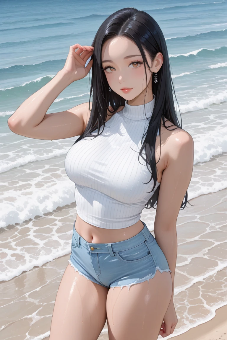 1girl, aqua eyes, black hair, closed mouth, multicolored background, looking at viewer, outdoors, solo, upper body, alluring, clean, beautiful face, pure face, pale skin, sexy pose,((tube top, off shoulder, navel, shorts)), long hair, ((perfect female figure)), mature female, milf, narrow waist, chinese deity, seductive,close up to breast
