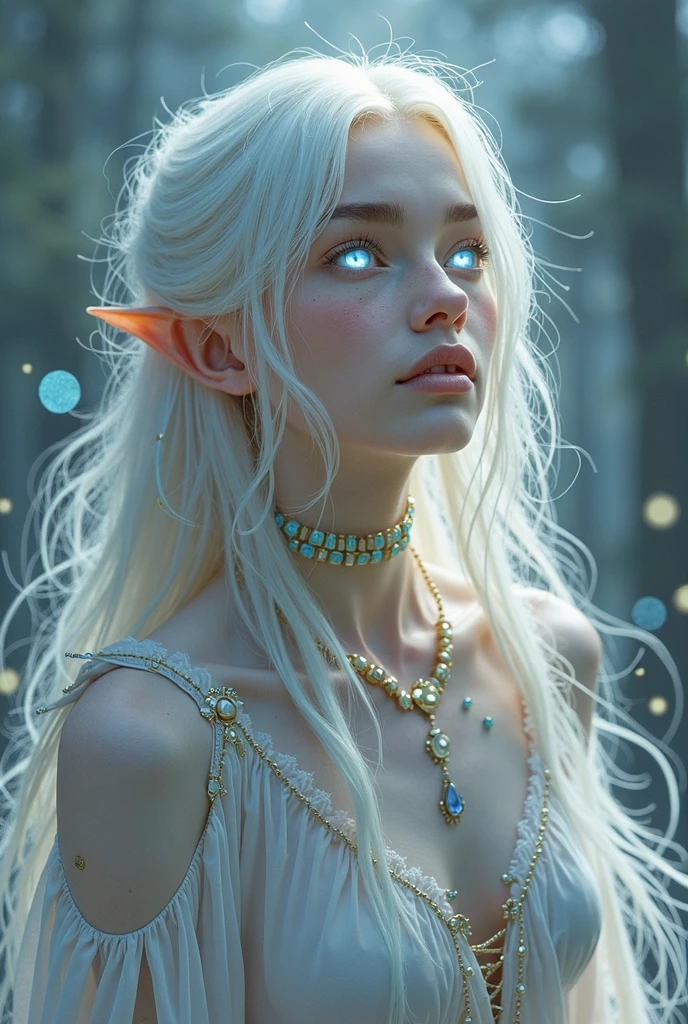 Waist shot of a female elf, Complex, Narrow Face, elegant, Wearing a sapphire necklace, White lightweight dress with straps, To the camera, Very detailed, Digital Painting, Art Station, Concept Art, Smooth, Sharp focus, figure, ArtJam、Greg Rutkowski、Art by Alphonse Mucha, 8k, Volumetric Fog, bloom, light, lumen, Crank blur