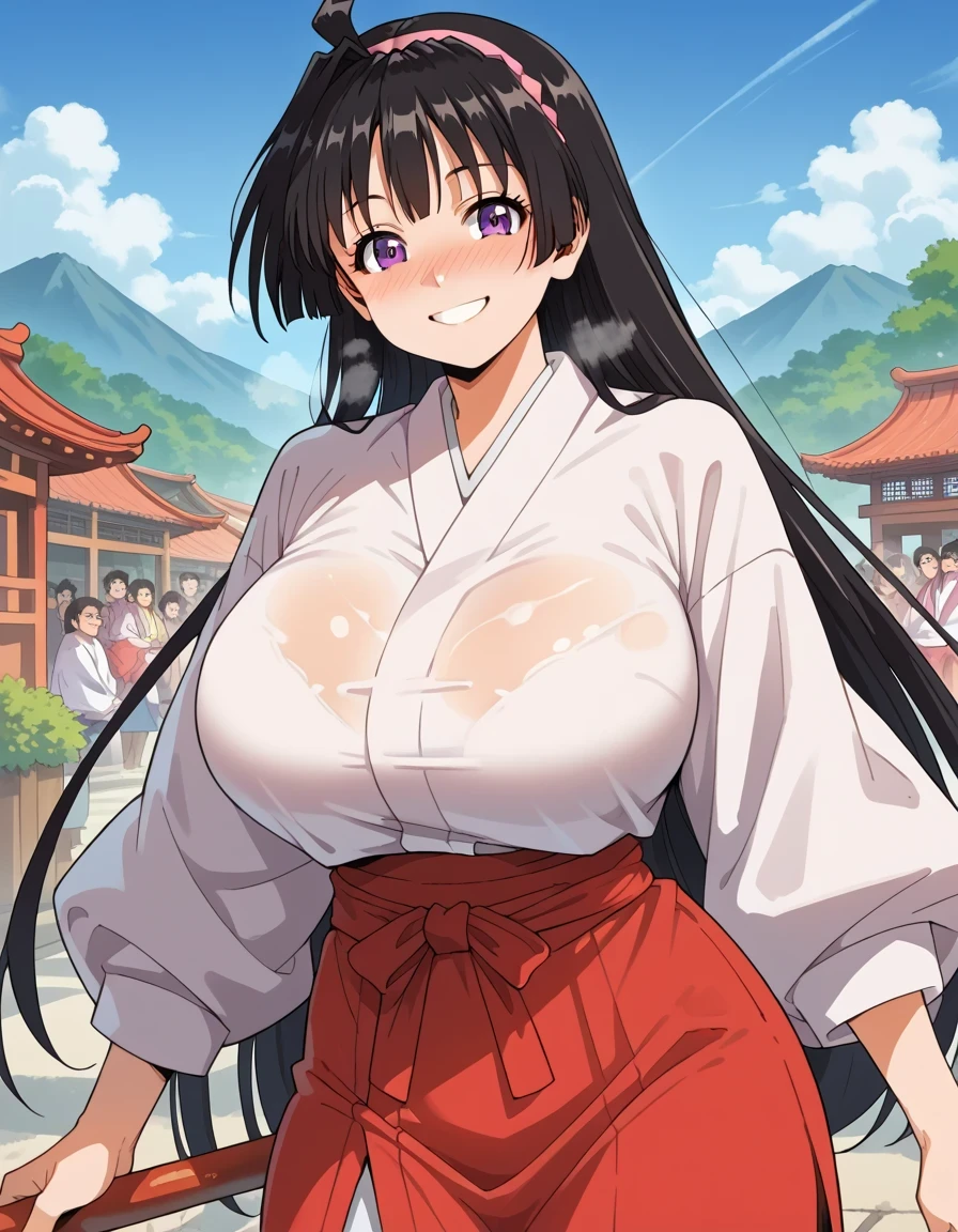 score_9, score_8_arriba, score_7_arriba, source _anime, Ayako Mochizuki, long hair, black hair, purple eyes, choke, diadema,, skirt, Japanese clothing, Also, Monkey, red Also,,outdoor, household life , fresh air, blue sky,(smile),naughty smile, looking at the viewer, Alone,,(huge breasts:1.2),(round breasts),(big ),(broad breasts:1.2),(big hips),(low waist),(slender),( big in clothes), [tonificado,
breath,smile irónica,Nose Blush,(focus on breasts),(breast close-up)