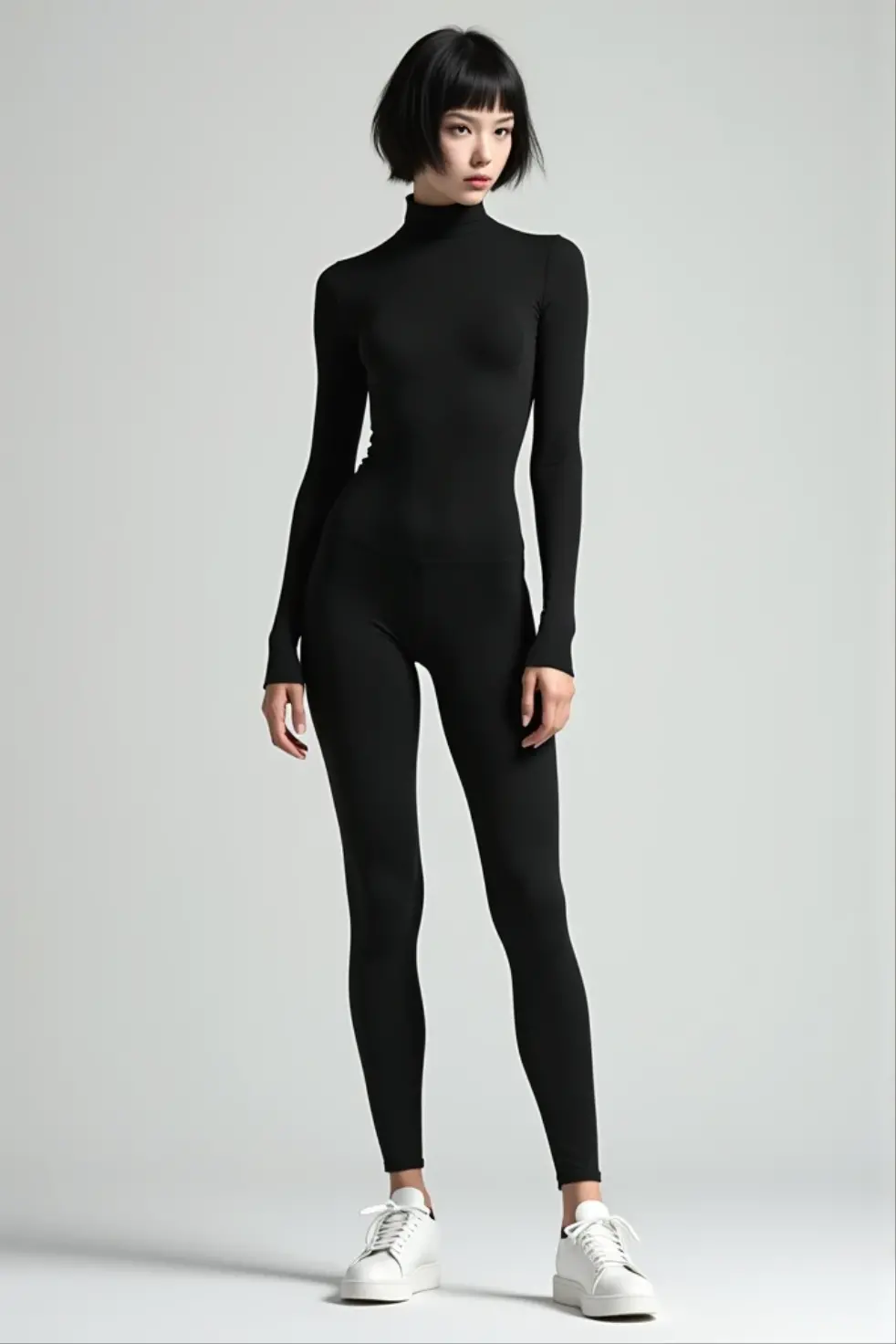 Create a boy with short black hair, androgynous face and body wearing a super tight black women's gym jumpsuit, white sneakers