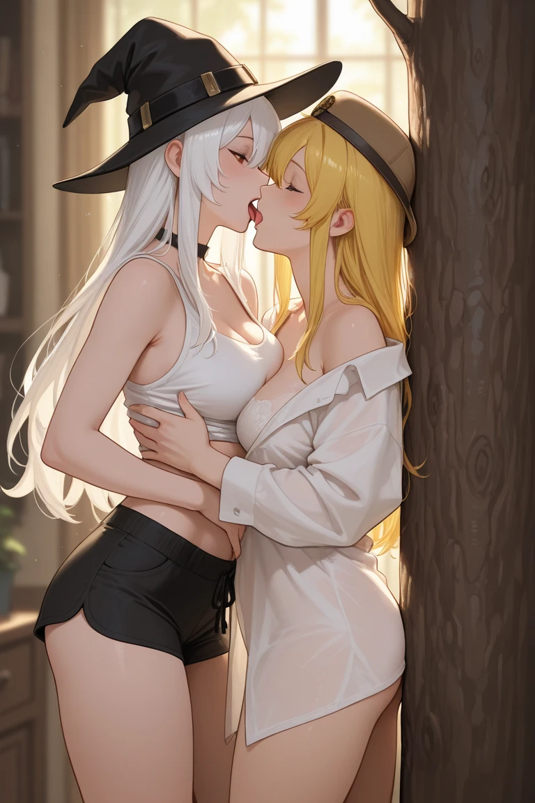 ((having hot lesbian sex in the bedroom. They are kissing, fondling, licking, and scissoring one another with so much passion, these brunettes are so damn hot.)),(masterpiece, best quality:1.4), absurdres, highres, ultra detailed, beautiful, (witch), (perfect face, detailed face, beautiful:1.3),(natural breasts, cleavage), collarbone, fingerless gloves, gloves,spaghetti strap top, black pencil skirt, tight, over the knee skirt, hat, elegant witch outfit, thighhighs, thick thighs, thighs, multiple belts, More detailed 8K.motor irreal:1.4,UHD,La mejor calidad:1.4, fotorrealista:1.4, textura de la piel:1.4, obra maestra:1.8,obra-prima, mejor calidad,objeto Objeto], (detailed face features:1.3),(manos detailed)