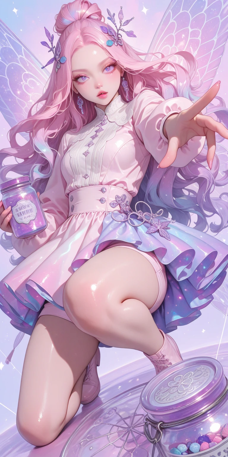 (masterpiece, highest quality, ultra high res, ultra detailed:1.3), 1 cute girl, ideal ratio body proportions, full body, (in snow globe:1.4), in container, (herbarium:1.2), (spherical glass), (floating), (zero gravity), (skirt floating up by buoyancy:1.2), solo focus, submerged, underwater, air bubble, bright lighting, spherical glass wall, pink medium hair, small breast, (white panties:1.4), 