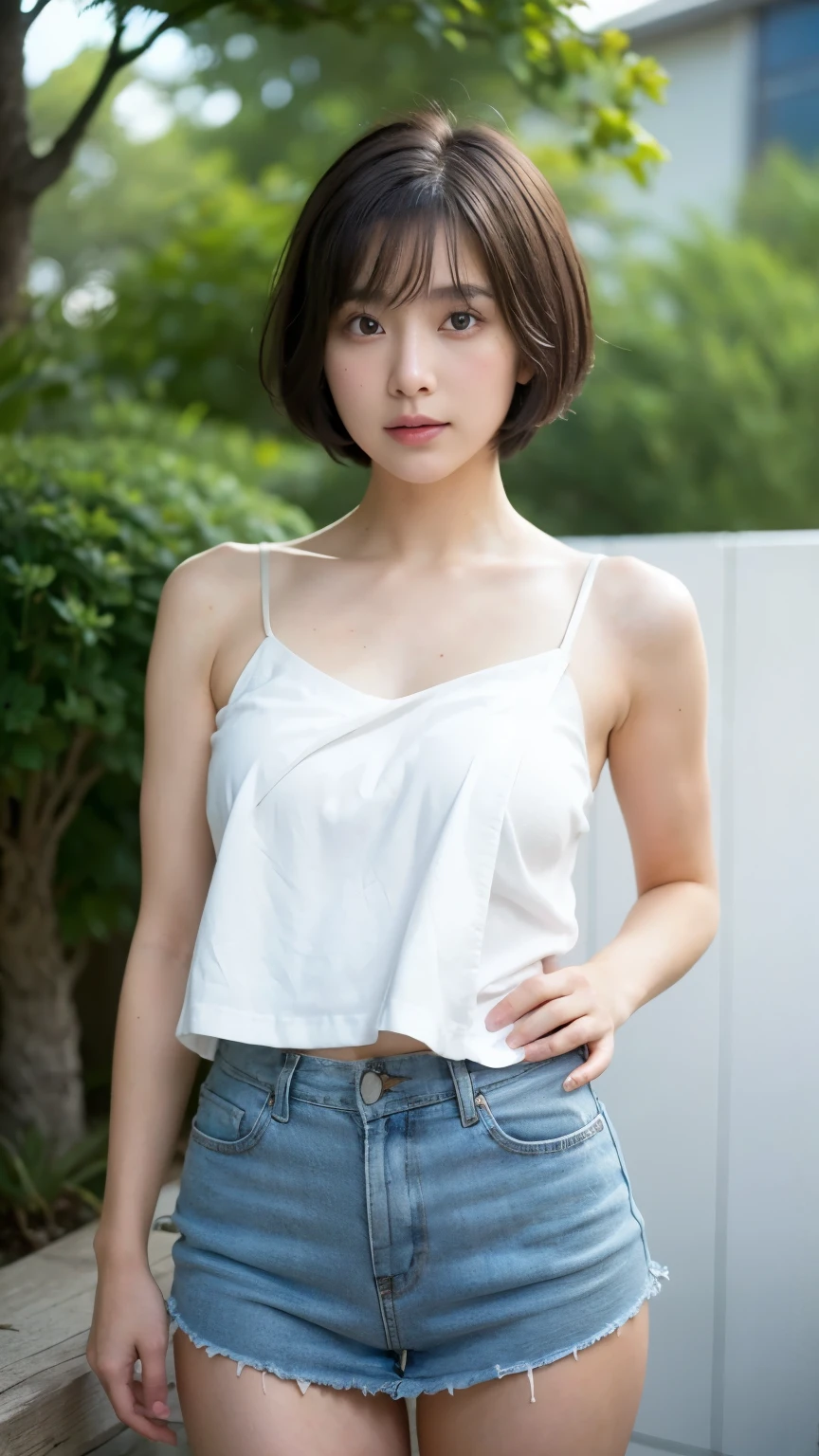 (Tank top in shorts:1.5)、(Full-body photo:1.5)、highest quality, Photorealistic, Very detailed, finely, High resolution, 8K Wallpaper, Professional, High level of detail, ((One 18 year old girl:1.2)), Slender Japanese women,Pretty lips, (Beautiful long lashes:1.2)、Detailed clavicle, Perfect Face, (Cute short bob hair:1.5),Top Quality,Ultra-clear resolution,Clear Eyes,Sunburned skin,perfect medium breasts,A pretty necklace around the neck、have perfect legs,A kind smile、