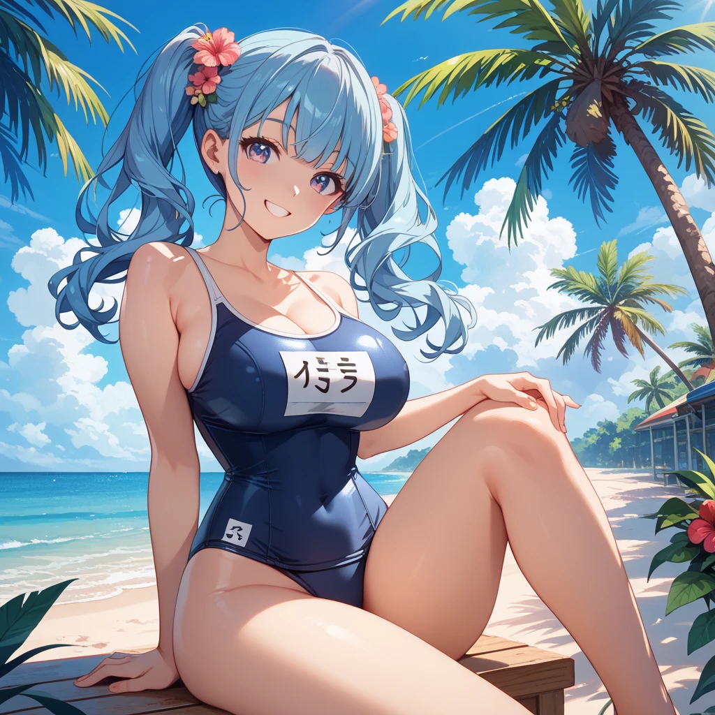 Anime Kawaii sexy Perfect Slim sensual body large breast and huge thighs, An intricate and highly detailed illustration of anime (Young girl (cute), ((sexly)), ((Very detailed)), 4K, (8k), Highest quality,Cowboy Shot,Sexy woman, One Woman,Very large breasts,((Light blue hair color)),((Blue eyes)),(High Ponytail),((Embarrassing)),(((High leg competitive swimsuit))),Ultra-glossy body,Poolside