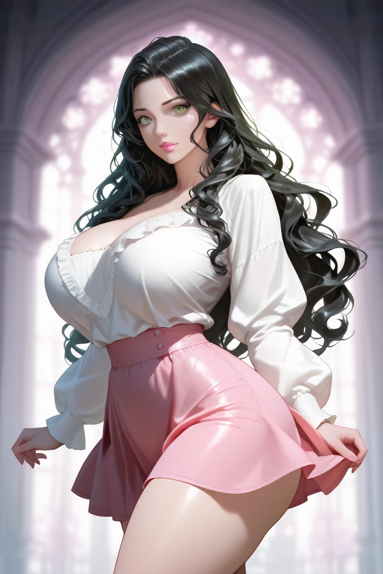 (High resolution)),((Game CG)),(masterpiece),(highest quality), (Very detailed),shape,((Very delicate and beautiful)), Dark horror, Very embarrassed look,Looking at the audience,(((18-year-old female)),((whole body)),Detailed face and eyes,Jewel-like eyes,(Short Bob),,,(Super super huge breasts,Long and slightly saggy breasts,) (masterpiece, highest quality:1.2), 1 girl, alone,Are standing_Split,
, Long Hair,black无袖短背心,Pink Skirt,black