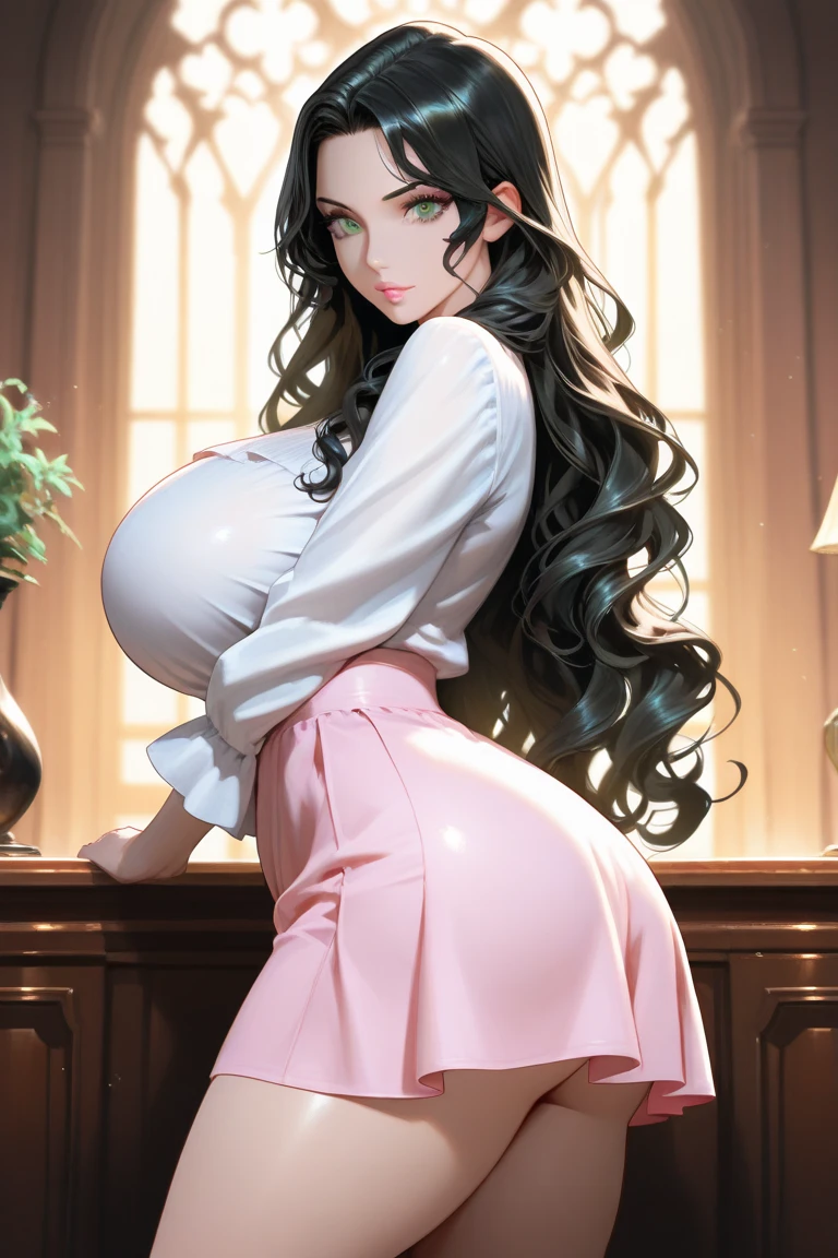 (best quality:1.5, highres, UHD, 4K, detailed lighting, shaders), white curly floral haired, gradient hair, large breasts, suit, T-shirt, social shirt, short skirt, mature woman , (pov), white background, colorful eyeshadow, dramatic lighting, sparkling eyes, sensual expression, golden earrings, flowing hair, delicate facial features, brown skin, high cheekbones, urban setting, black background, dont look for the camera, lean forward, behind the camera