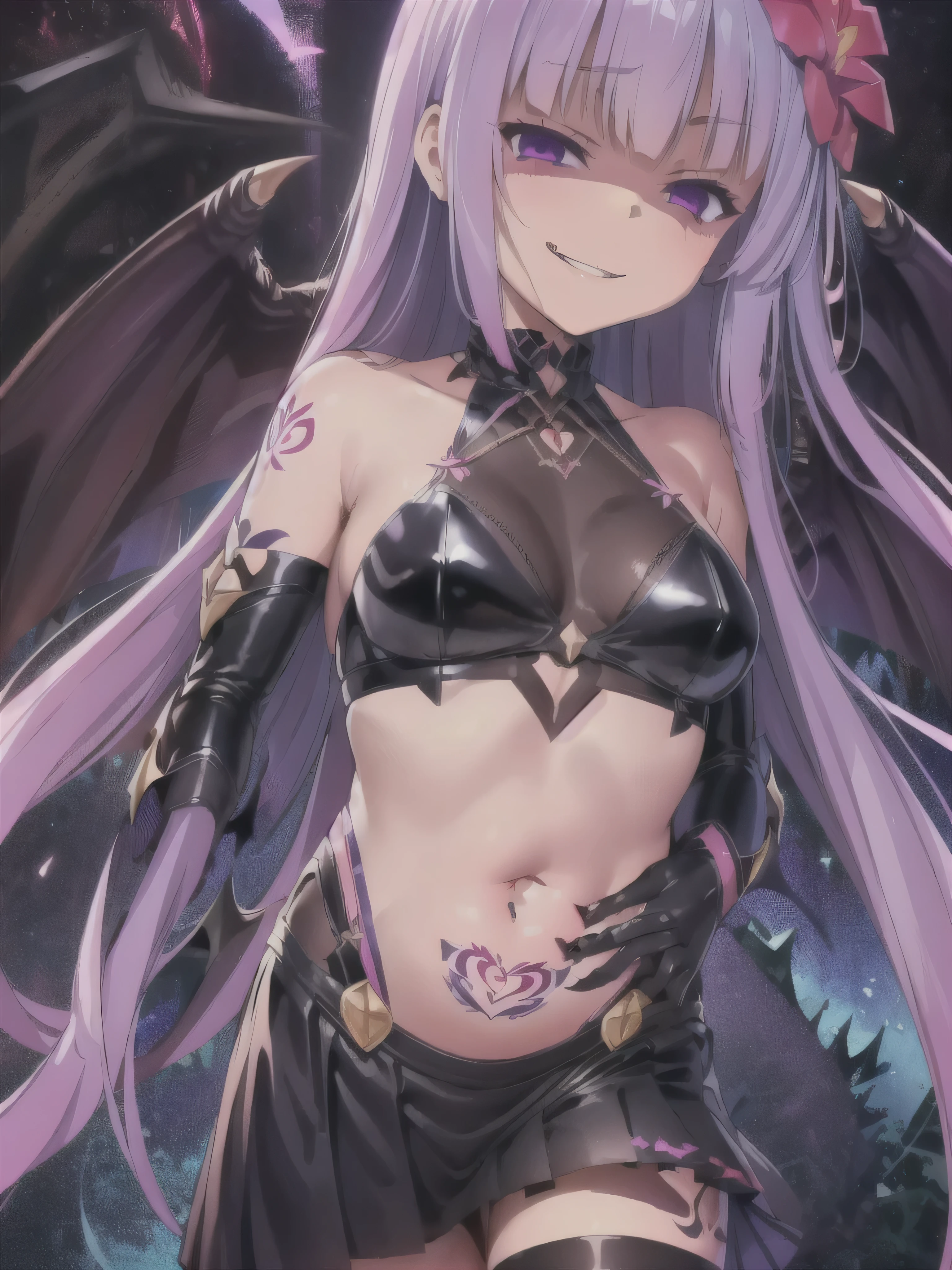 (masterpiece), (illustration), (extremely detailed), (1girl), (Demon Girl) , (Heavy armor:1.2), (Stomach), (purple black hair), (Twin tail), (Purple eyes), (Glowing eyes), (Open mouth), (Smirk), (forest), (Night), (aura), (looking at viewer), (From below)