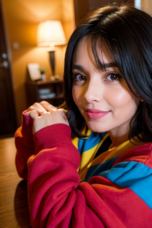 A single arafed image of a woman in a red hoodie sitting down, girl wearing hoodie, black haired girl wearing hoodie, in a hoodie, orange hoodie, wearing a scarlet hoodie, candid picture, wearing a hoody, long orange sweatshirt, wearing hoodie, wearing a red hoodie, detailed eyes, detailed eyes, ((attitude in eyes)), ((swag in eyes)), realistic, ultra realistic, in a black hoodie, she has a cute face, she is wearing streetwear