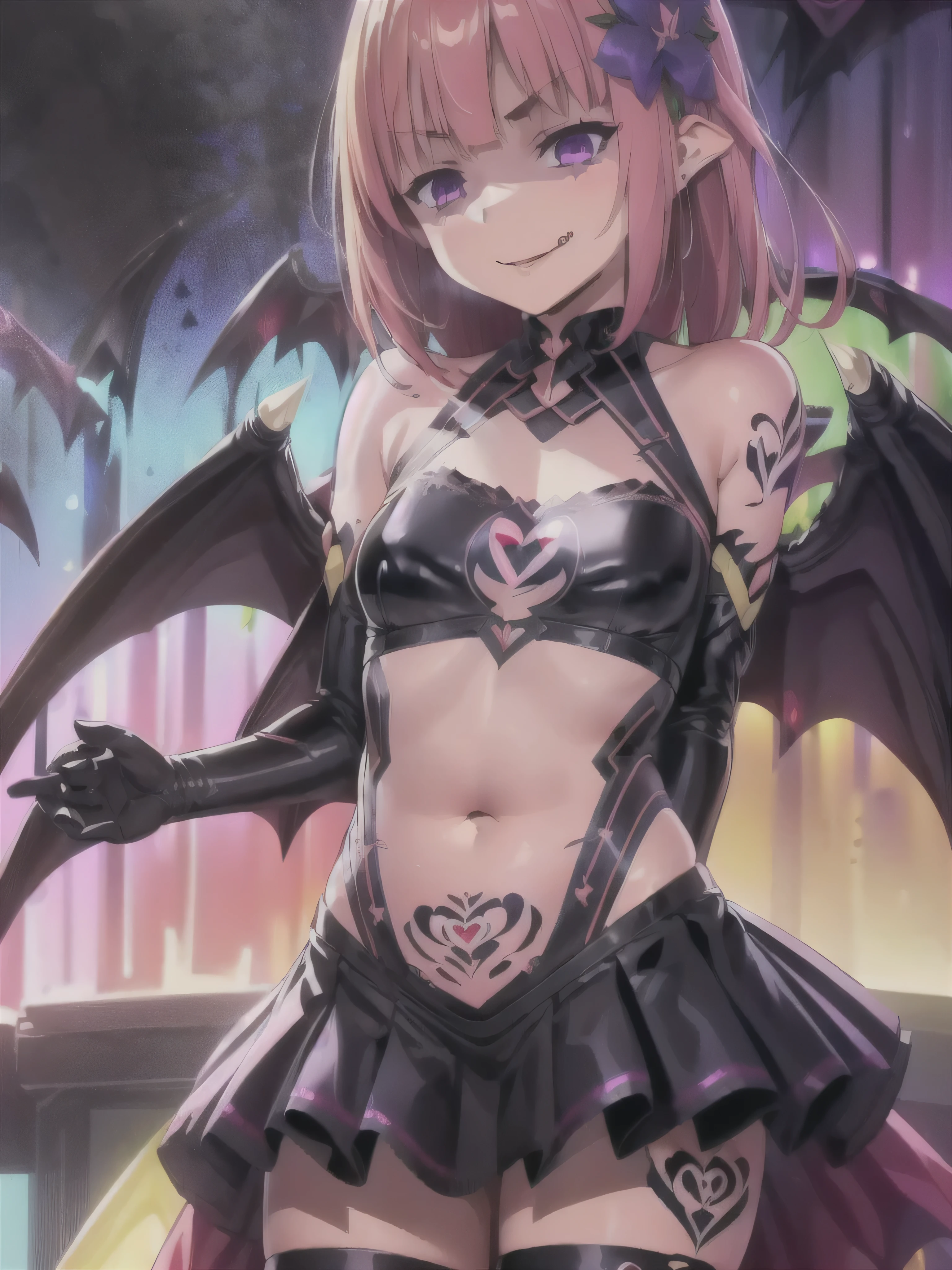 Pink hair. Pigtails. Miniskirt. Earring. Devil's wings. Naked. Fallen angel. Yami Ochi. Evil chi. Devil. Infant. Enchantress. Luminous eyes. Atmosphere. Heart-shaped vacant chest. Kama of the Grim Reaper. Scythe. Heart logo. Smile. Cherry blossom blizzard.