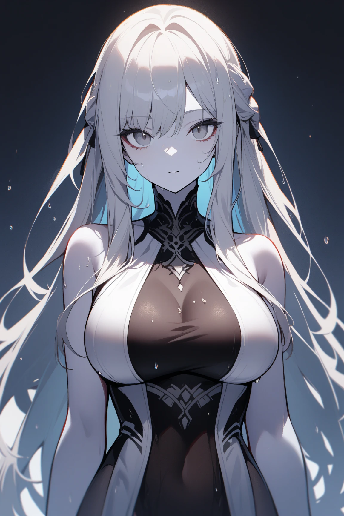 35 year old woman , long light pink hair , blue eyes... white dress with silver tones