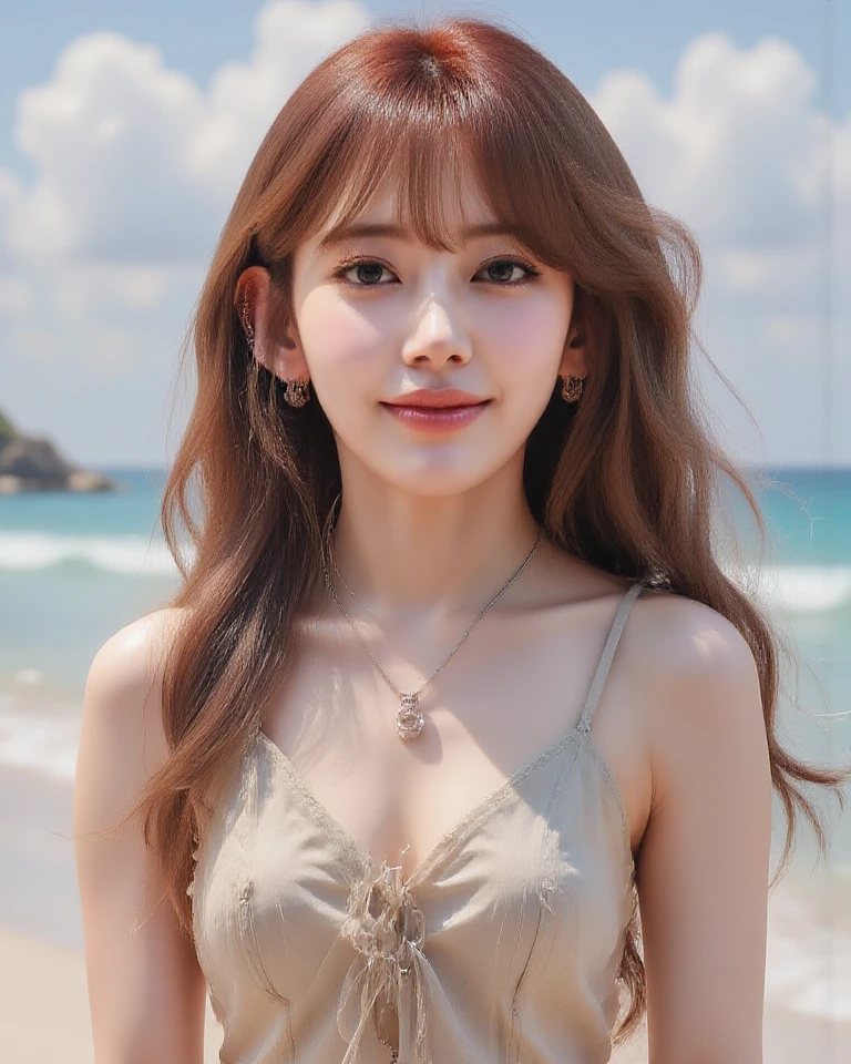 (Detailed skin:1.2),(Shiny skin:1.1),8k,Highest quality, masterpiece, Ultra-high resolution,(Realistic:1.4), RAW Photos,(Soft saturation:1),(Fair skin:1.2),(Succubus:1.1),Japanese beauty,23 years old, Light brown hair,(Straight Hair,Long Long Hair:1.3)), Asymmetrical Hair, (Pretty face:1.4), (Large Breasts, Tight waist,Big firm hips:1.2), ((Beautiful lighting:1.3)), ((Off the shoulder、Mini Dress:1.2)),(Highly detailed face, Highly detailed lips, fine grain, double eyelid,Highly detailed and evenly balanced eyes), (Sharp focus:1.2), ((Full Body Shot)),(Perfect Anatomy:1.3),(Beautiful woman with perfect figure: 1.2)、((Random sexy poses:1.2))、Sharp Eyes,smile,(Sunny sandy beach)