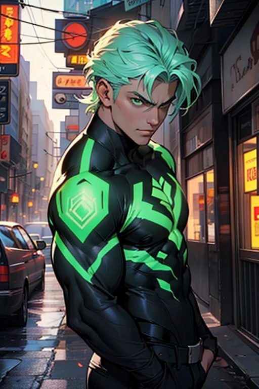 man:1.5,1 man,archer man,(((1man))),((man with aqua hair)),

(((1male,man:1.5,handsome man,male,male gender:1.5,male focus))),macho man,

((aqua messy hair,aqua hair,short hair,colored inner hair)),(((lustrous skin:1.5,tanned skin,bright skin: 1.5,skin tanned,shiny skin,very shiny skin,shiny body,illuminated skin))),(((aqua_eyes:1.2))),intricate eyes,beautiful detailed eyes,symmetrical eyes,((man chest)),handsome face,((muscular)),(((detailed face))),

confident attitude,nsfw,

cyberpunk agent, standing, ((holding a arch:1.5,futuristic arch and arrow holder:1.5)), cyberpunk citizen in oversize techwear,((bulge in pants)),((cyberpunk archer outfit)),((wet clothes,intricate outfit,intricate clothes)),

(dynamic pose:1.0),solo focus,((evil smile,evil look)),(centered,scale to fit dimensions,Rule of thirds),

cyberpunk city by the ocean at night, with bright neon signs and dark stormy clouds and puddles, scenery:1.25,

highres, sharp focus, (ultra detailed, extremely detailed), (photorealistic artwork:1.37),(extremely detailed CG unity 8k wallpaper),((synthwave background theme)),(((vibrant colors))),(intricate background),(masterpiece),(best quality),
