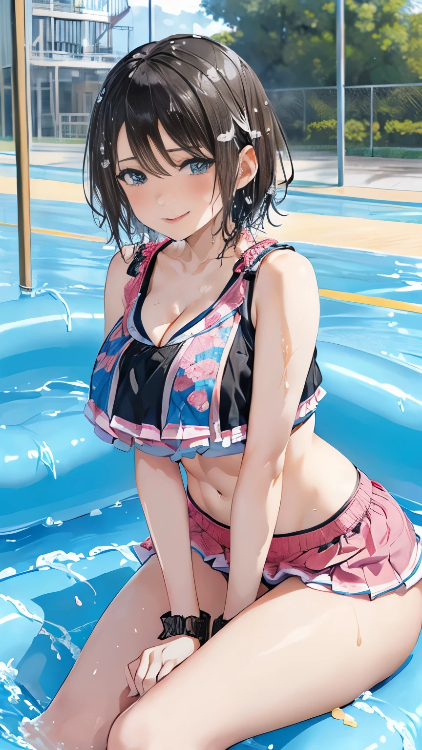 (Incredibly ridiculous absolute resolution:1.5)、hiquality、top-quality、masuter piece、Anime girl in pink and white bikini, 魅惑的、Anime Loli, 8k Manga Wallpapers, heart mark、Smile、Shy laughter、((small curvy loli))、pretty anime girl,((swimming pools))、(Medium Shorthair)、(short braided hair)