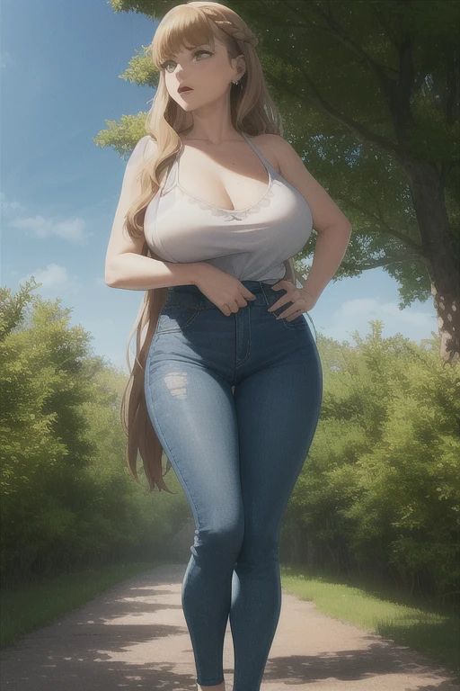 Very busty woman with yellow swimsuit and jeans pants in the park.
