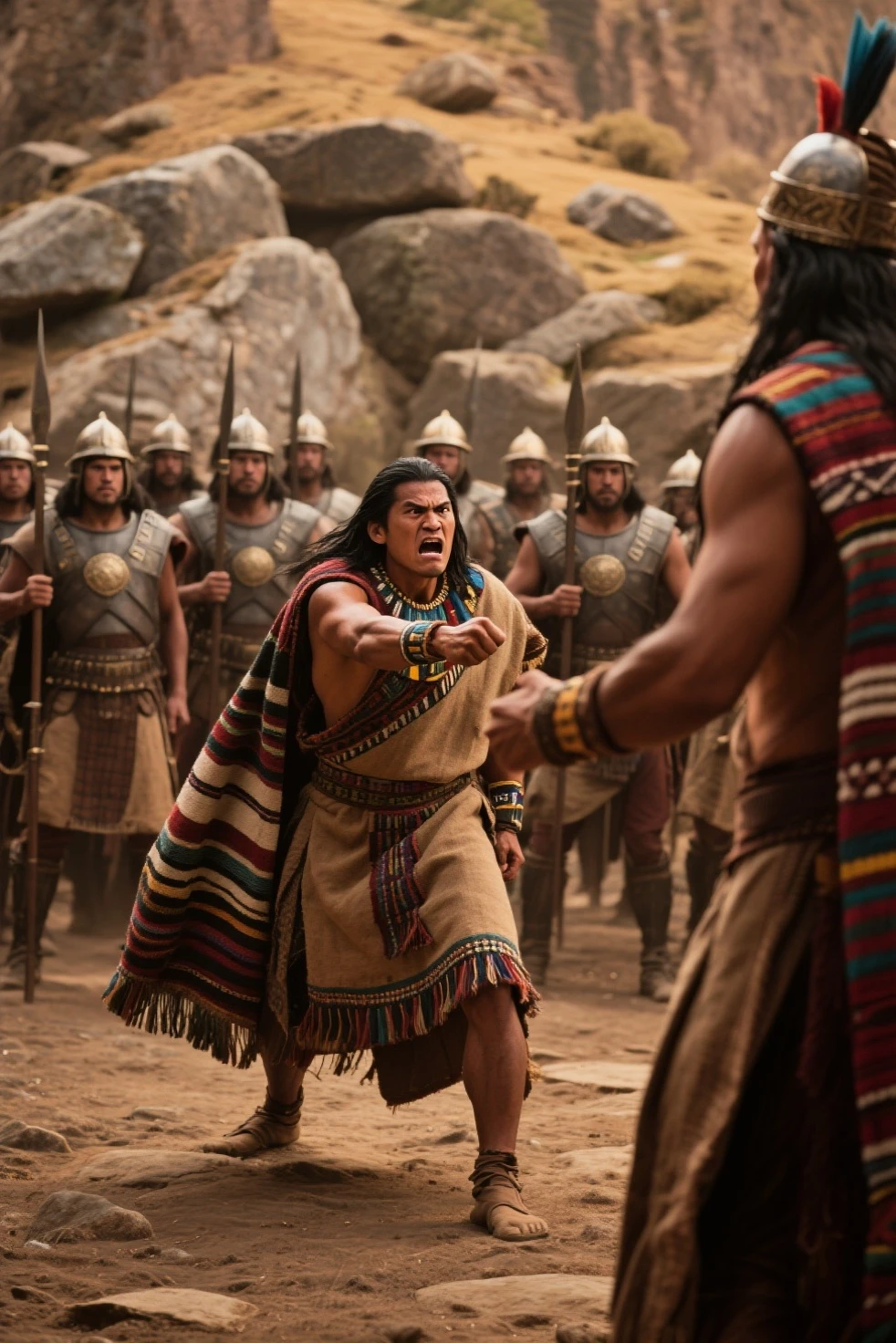 A man in costume、Close-up of man wearing large headdress, Revelation, movie still of aztec cyborg, mayan jaguar warrior, scene from live action , wearing tribal armor, mexican warrior, still from a live action movie, Mohawk, an aztec warrior, an an aztec warrior, an aztec warrior, still from a fantasy movie, Movie screen shot,
