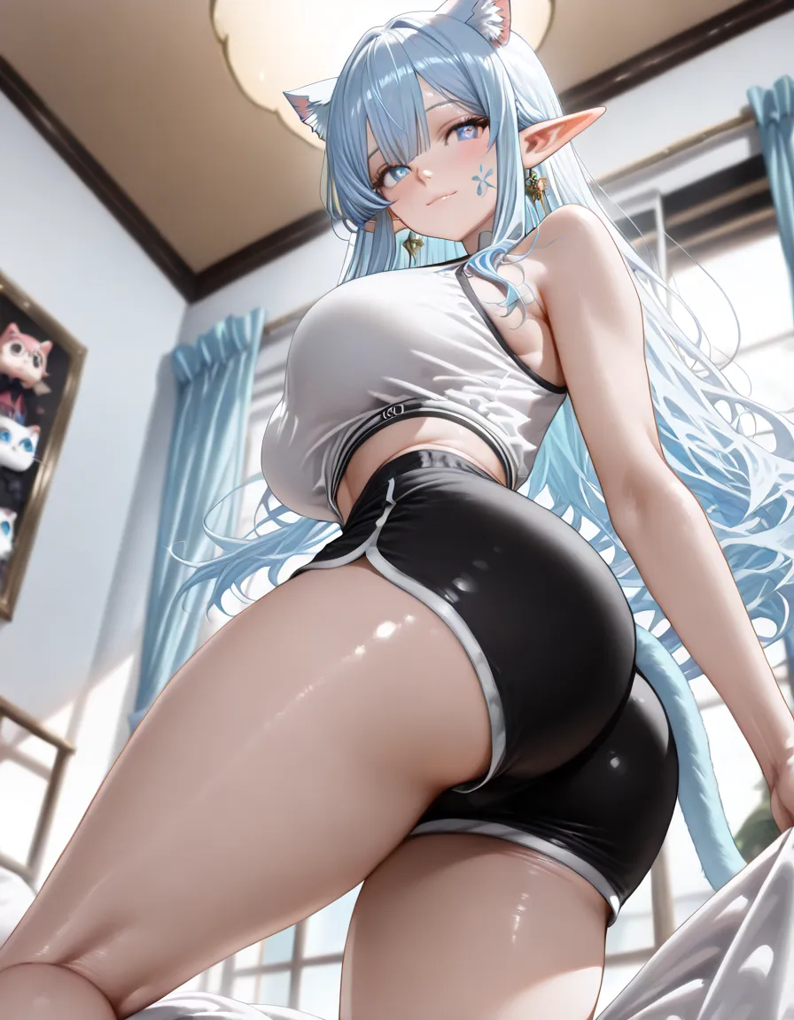 (((Little girl,))) (((child,))) loli bodies,nsfw,((shifty,blue hair,blue eyes, cat ear headphones blue shirt sailor collar white skirt wrist cuffs socks sneakers,)),((solo girl)),((Perfect body,))((Super beautiful,))((High quality,)), (sweaty,) (wet all over,) blush, steam,((gigantic breast)),(shyly smile),((Lift up the hem of her skirt to show off her crotch,Pleated skirts that are too short and expose underwear,))(pov, Looking at Viewer,)cowboy shot,(love hotel room),((squatting and straddling,Show off your crotch by opening your crotch in a crouching posture,))collar,((Show off your crotch by opening your crotch in a crouching posture,She turns around with her back to me, sticking out her butt,from back view,Directly behind,Turning your back to me, sticking out your butt,)),