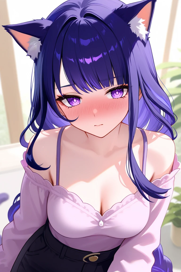 1girl, Blue eyes, Long Hair, Bangs, Purple Hair, Breasts, Smile, Blush, Light Smile, cat ears, purple cat tail