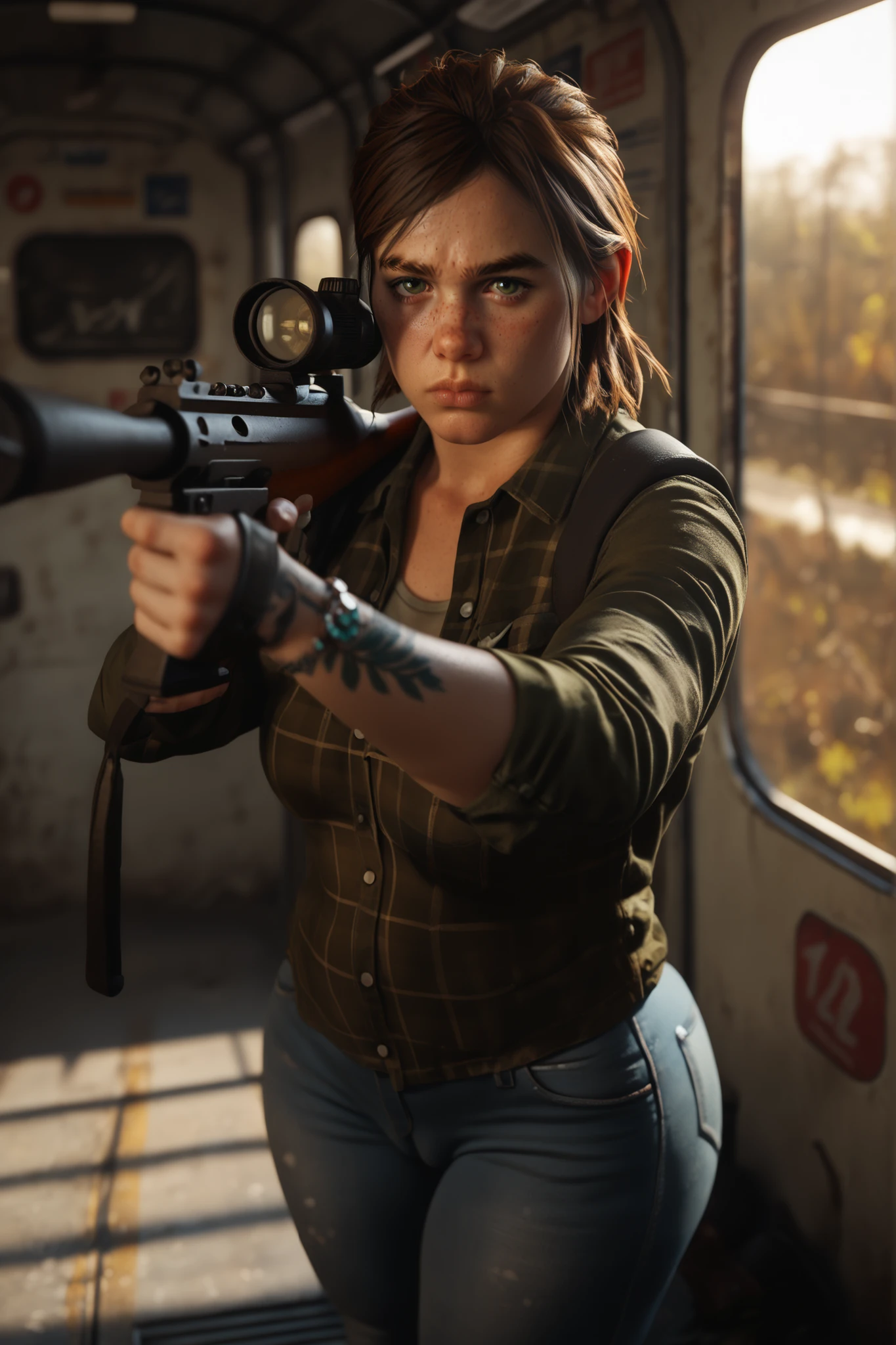score_9, score_8_up, score_7_up, score_6_up, TLOU2Ellie, 1girl, brown hair, green eyes, looking at viewer, angry, frown, agressive, serious, full body, subway tunnel, apocaliptic, moss, concrete, pointing rifle to viewer, tight jeans, cameltoe, tight shirt, jacket, boots, white tanktop, open shirt, plaid shirt, above, looking at viewer, soft lighting, warm lighting, wide hips, big ass, thick thighs, holding a rifle with both hands, tactical rifle, aiming a rifle, tight jeans, cameltoe, huge thick thighs, huge ass, thick thighs, curvy, plump, clitoris, perfect hand, small hand, femenine hand, 5 fingers,