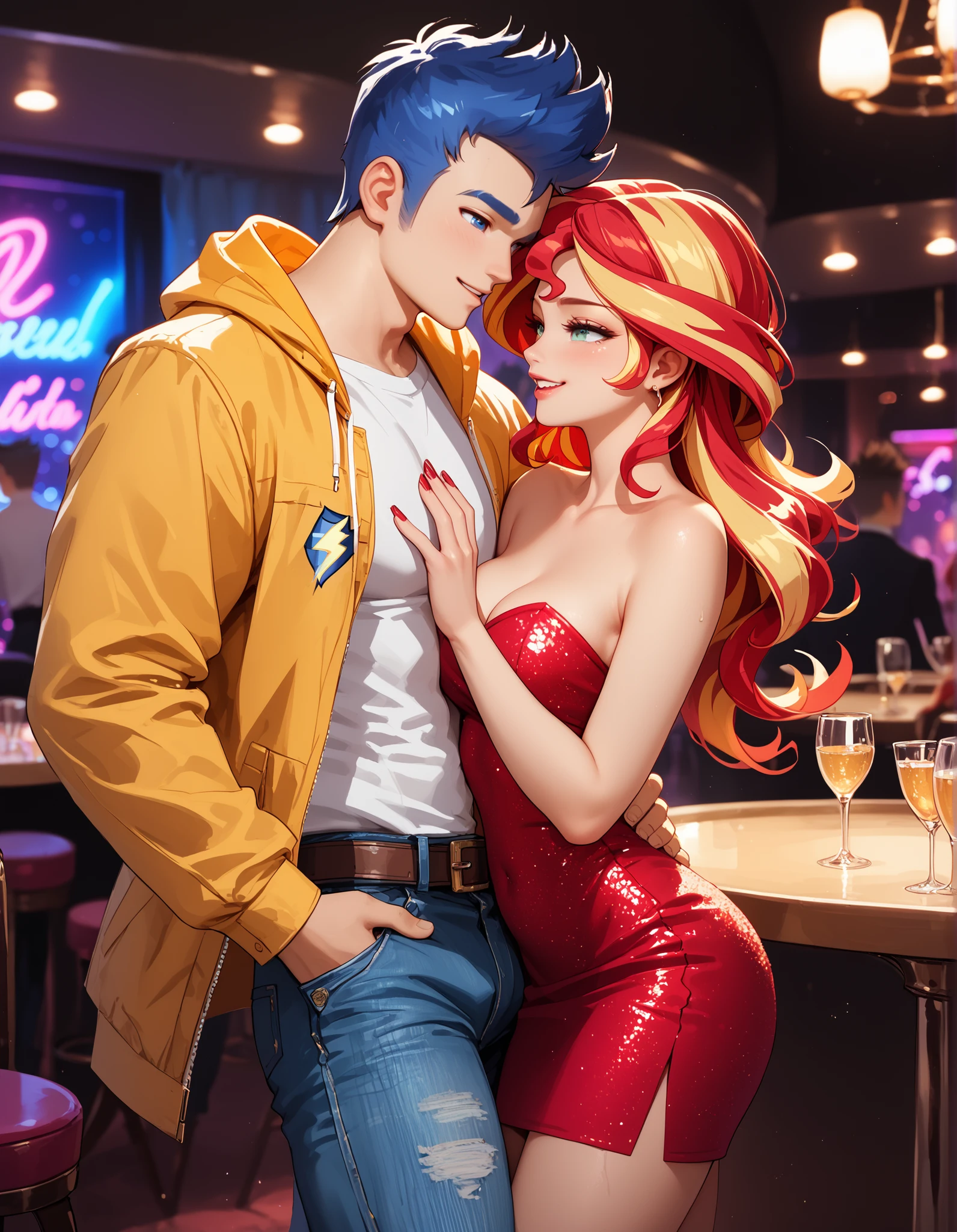 1boy, 1girl, in a nightclub, (Girl\(Sunset shimmer, very detailed, bedroom eyes, medium breasts, wearing a glittery red dress, strapless dress, short dress)\), (Boy\(Flash Sentry, Jeans, white shirt, yellow jacket, very detailed)\) dancing together, Boy holding Girl's hips, grinding, masterpiece