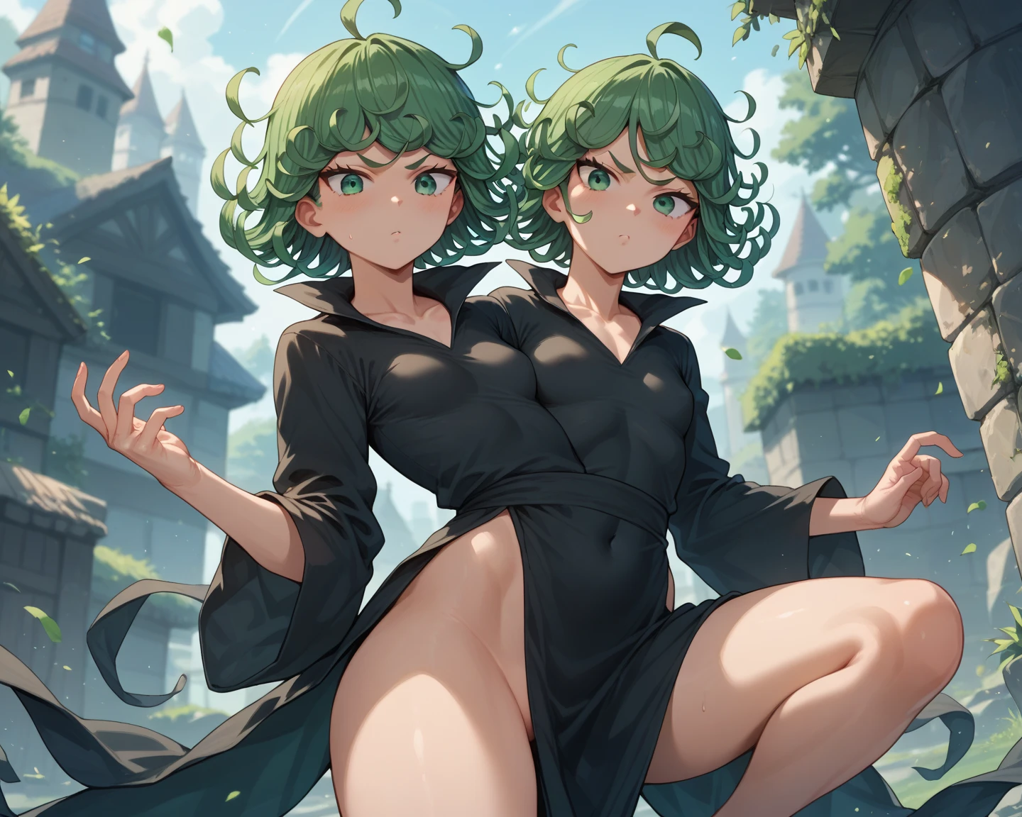 Women, sexy, green skin color, goblin girl, Women orco, sonrriente, earrings, big thighs, short hair, glasses, Big bust, Maid outfit