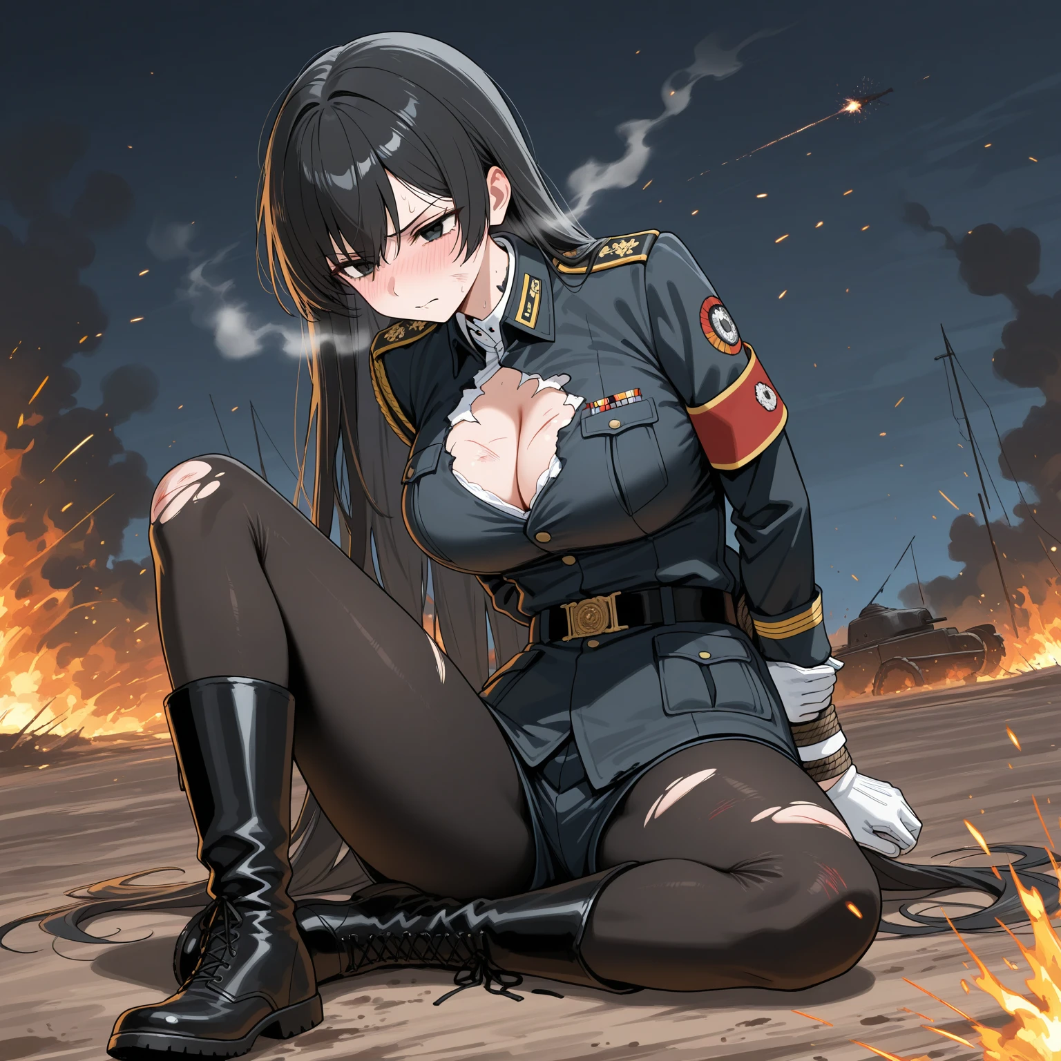  Gestapo uniform, female lesbian  kawaii sisters kissing passionately with T-54 military tank. wearing Luftwaffe uniforms. 8k. masterpiece. best quality. best artwork. lingerie. Swastika insignia red armband. busty bare breasts. nipples.  sunset. one girl standing and the other on her knees cunnilingus 