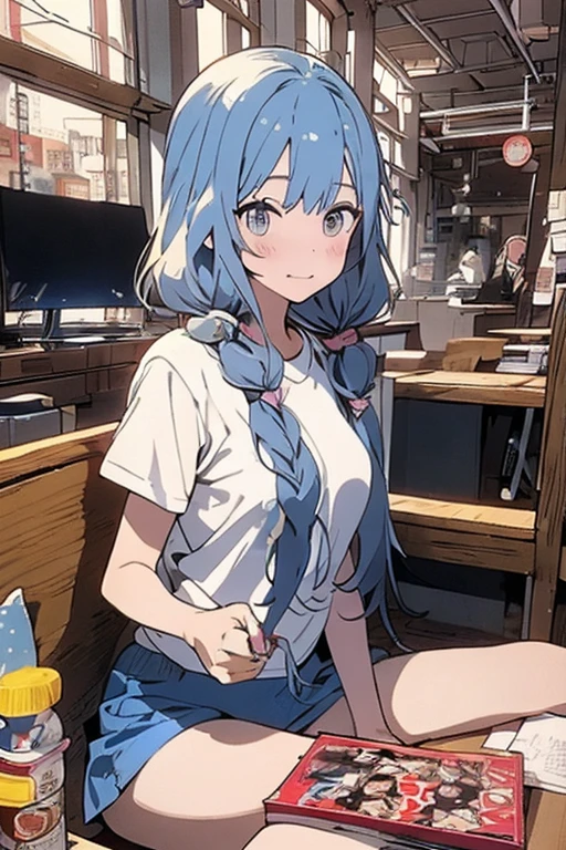 yuriko nanao (million live). Short stature. (((white t-shirts))).(((Skirt))).(((masterpiece))).(((best quality))).((Ultra-detailed))).(((illustratio))).(((a room))).(((make a fist))).(((up chest))).Despair face.(((short-hair))).((big breasts)).((Opening Mouth)).to stand.